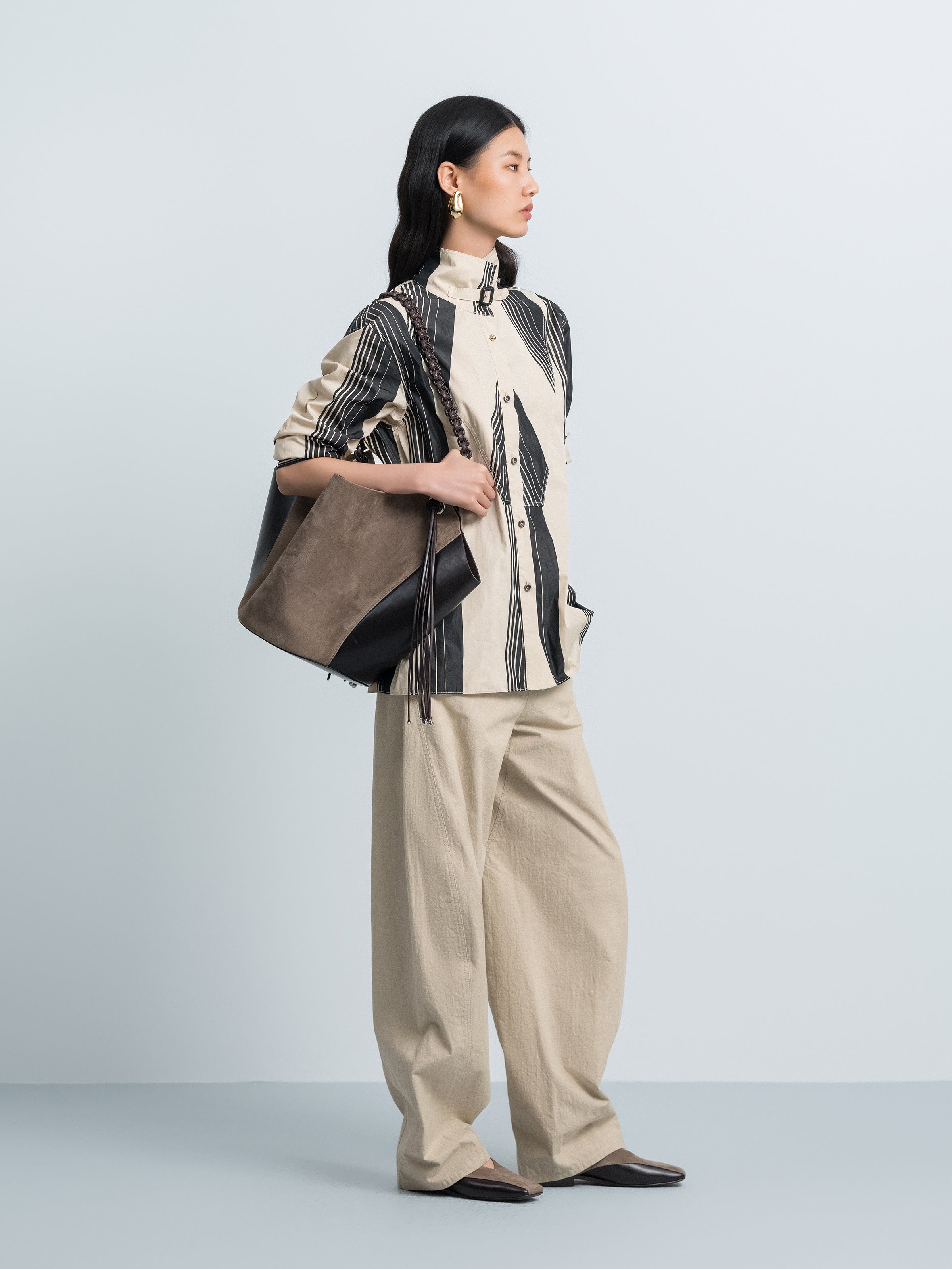 Cream and black striped long-sleeve button shirt with stand collar