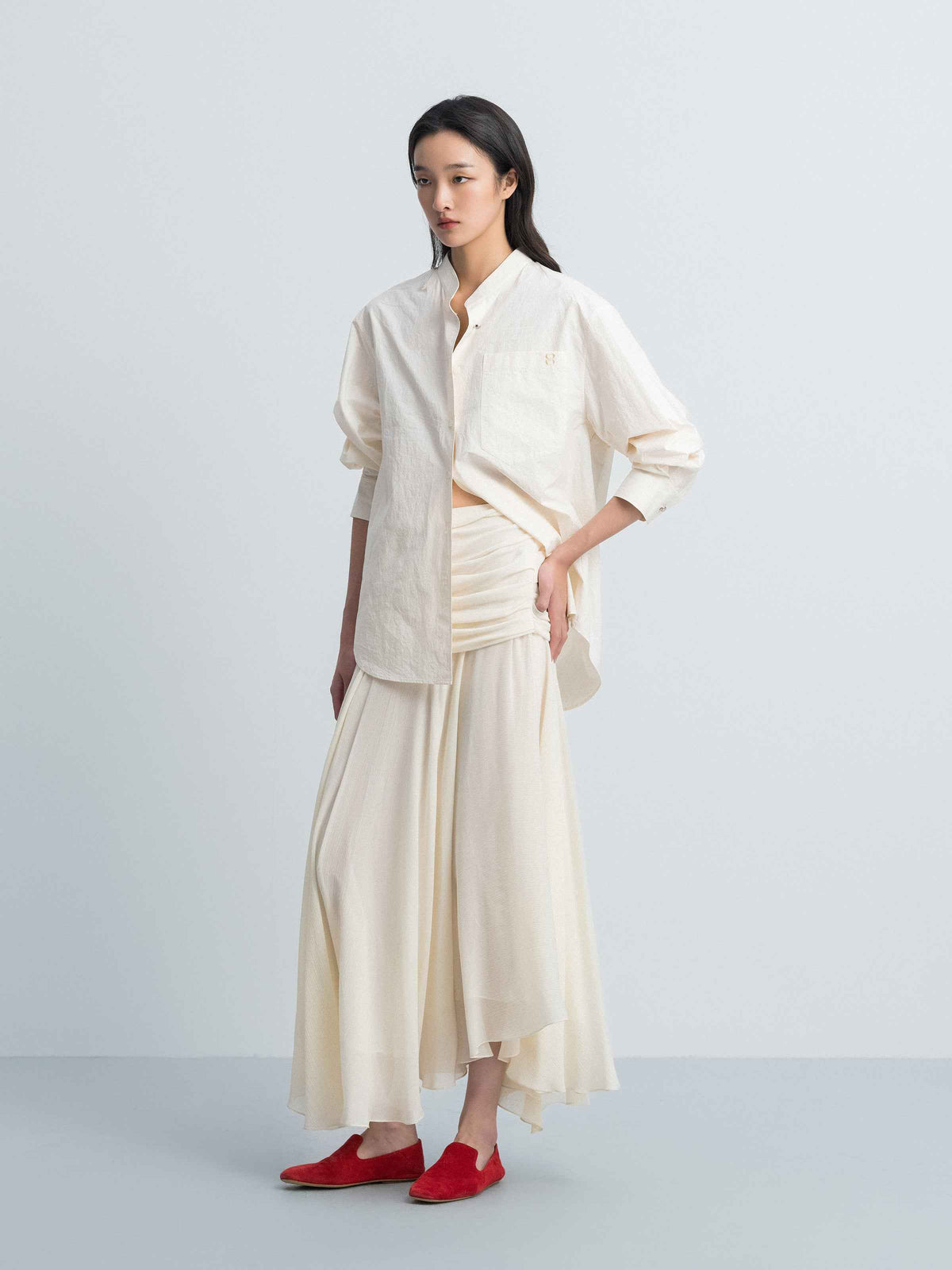 Cream White Silk Blend Gathered Waist Ruched Long Skirt