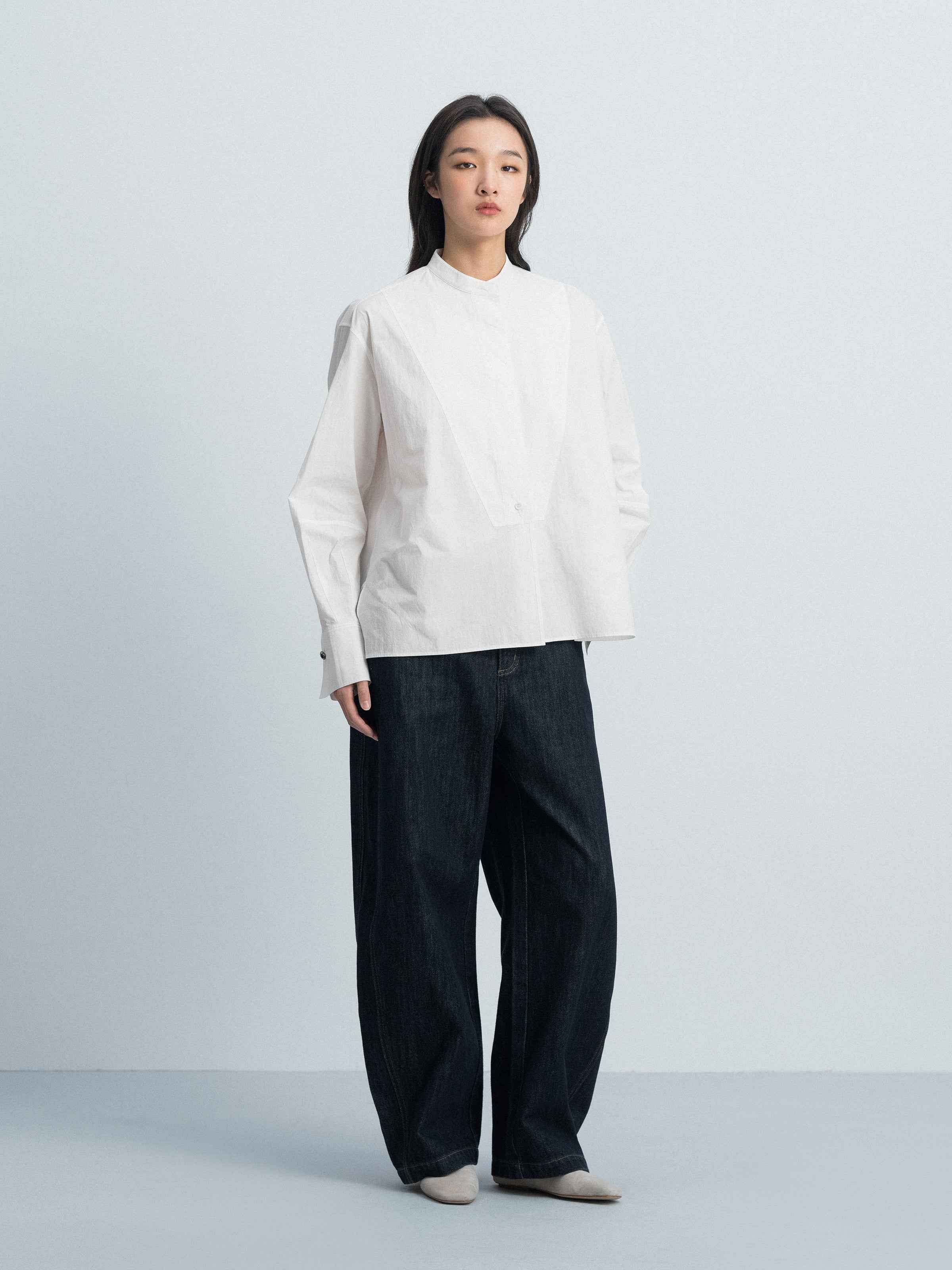 Off White Cotton Crinkle Stand Collar Hidden Placket Shirt