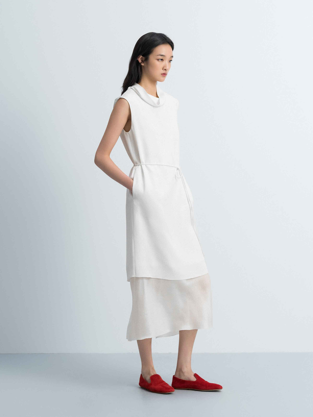 Cream White Mulberry Silk Draped Neck Sleeveless Dress