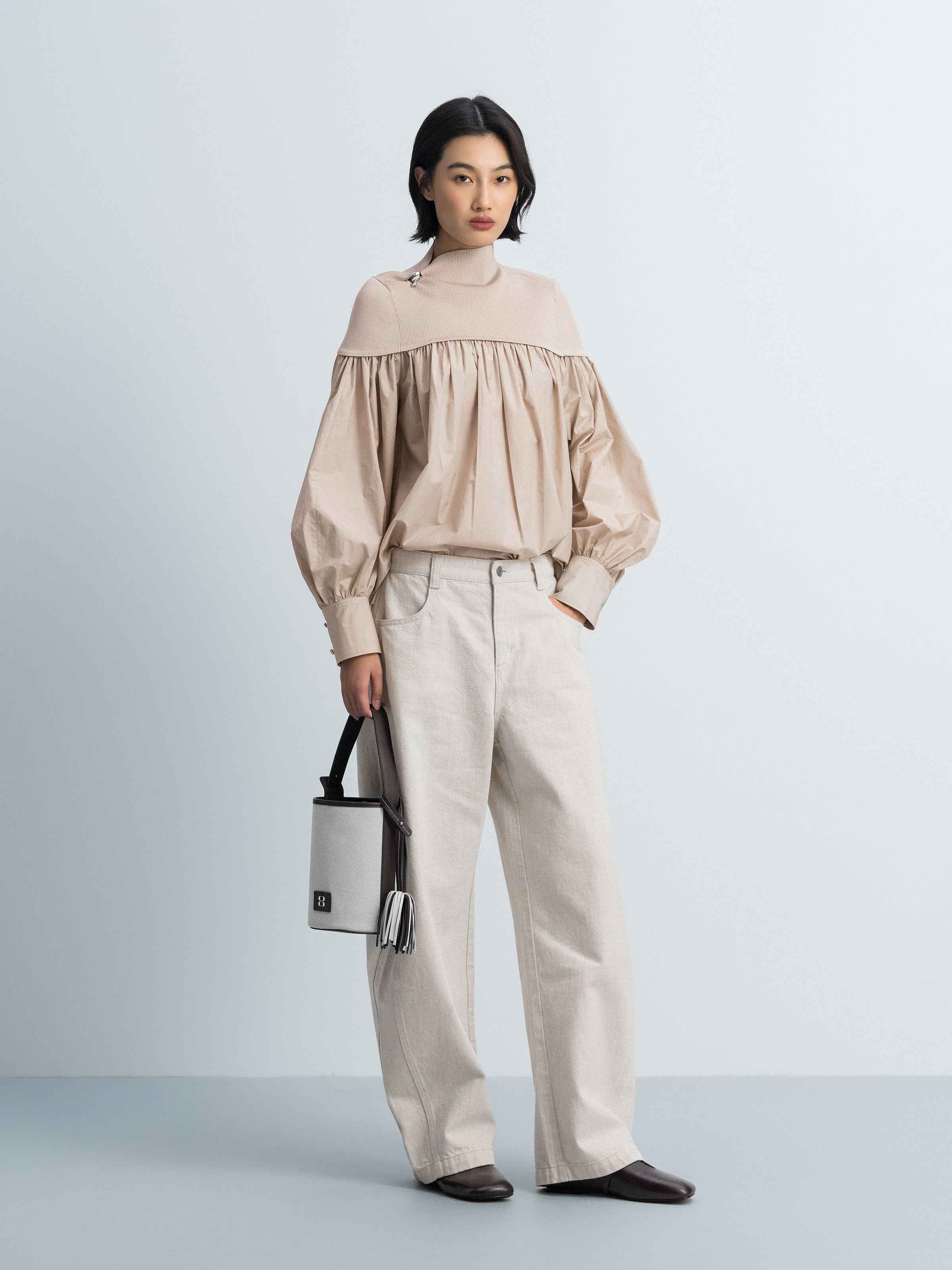Beige Cotton Poly Viscose Spliced Ruched Long-Sleeve Top
