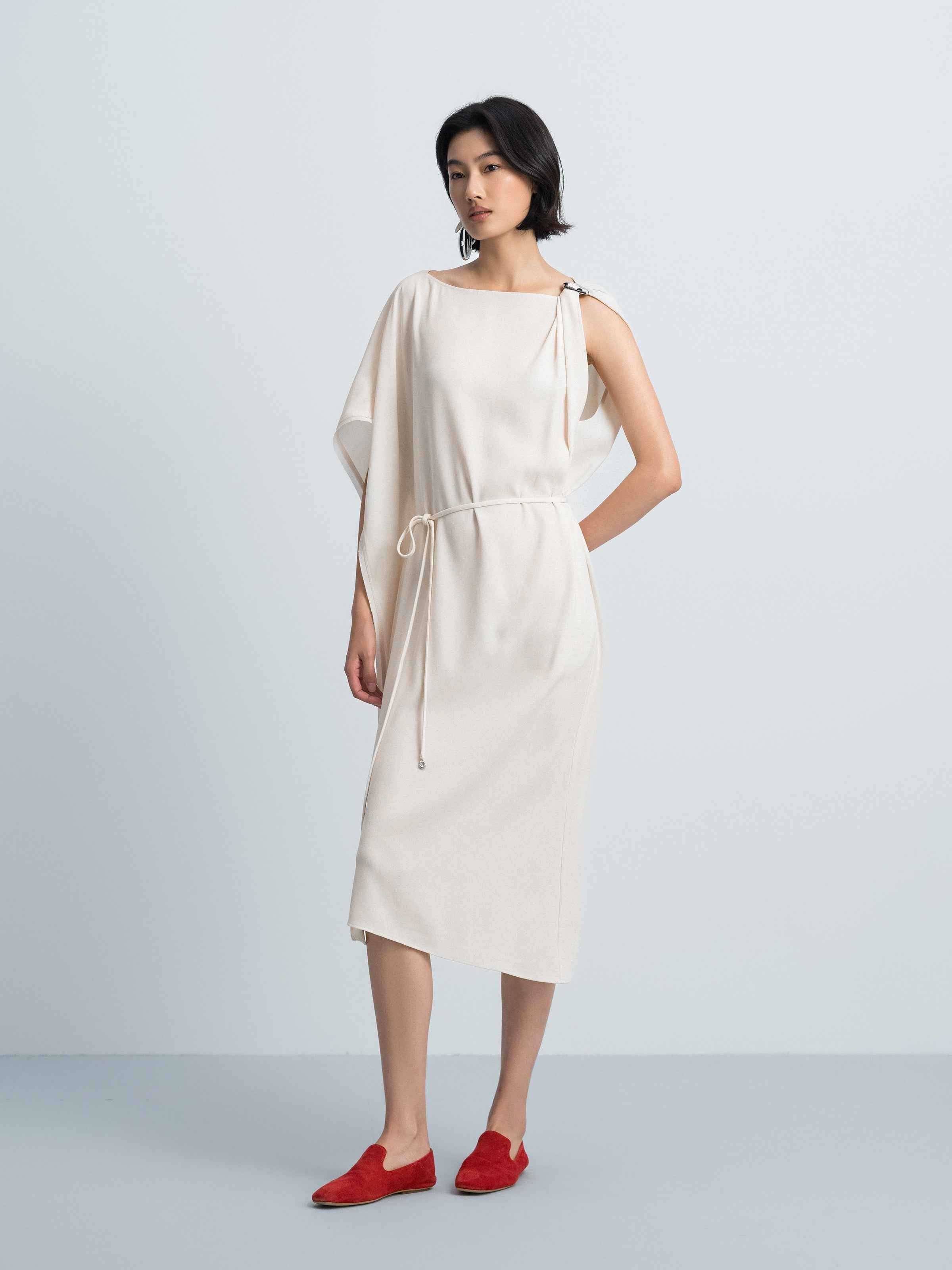 Cream White Acetate Satin Boat Neck Asymmetric Dress