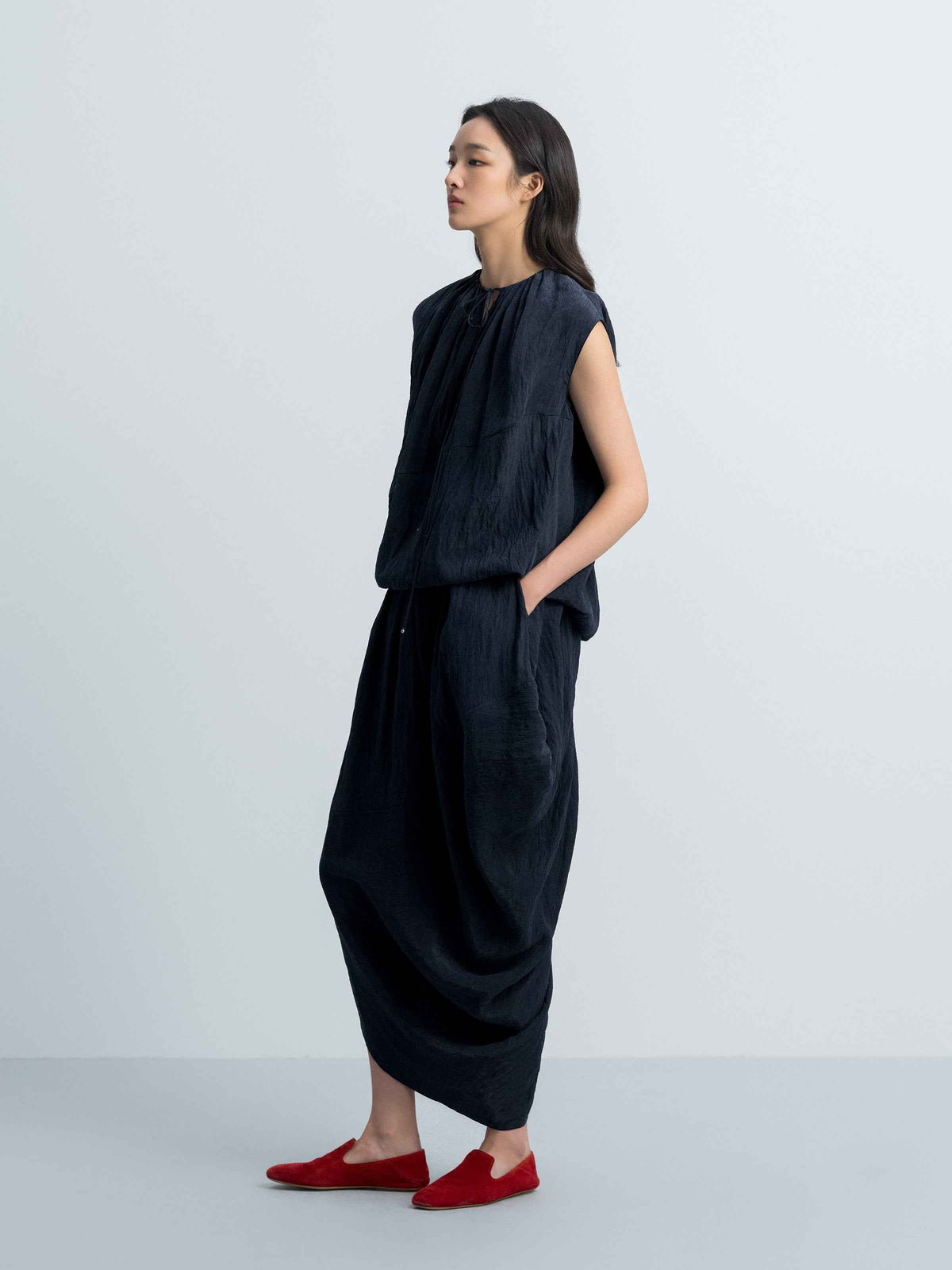 Navy Blue Tencel Snow-Washed Drawstring Cocoon Sleeveless Top
