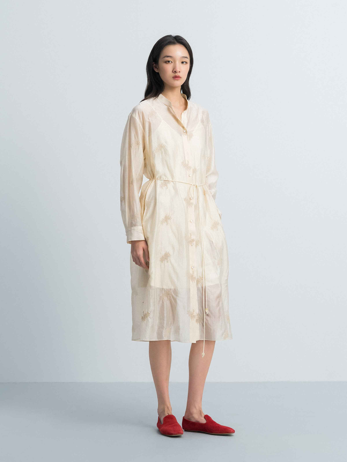Beige Yellow Lyocell Blend Stand Collar Belt Waist Dress