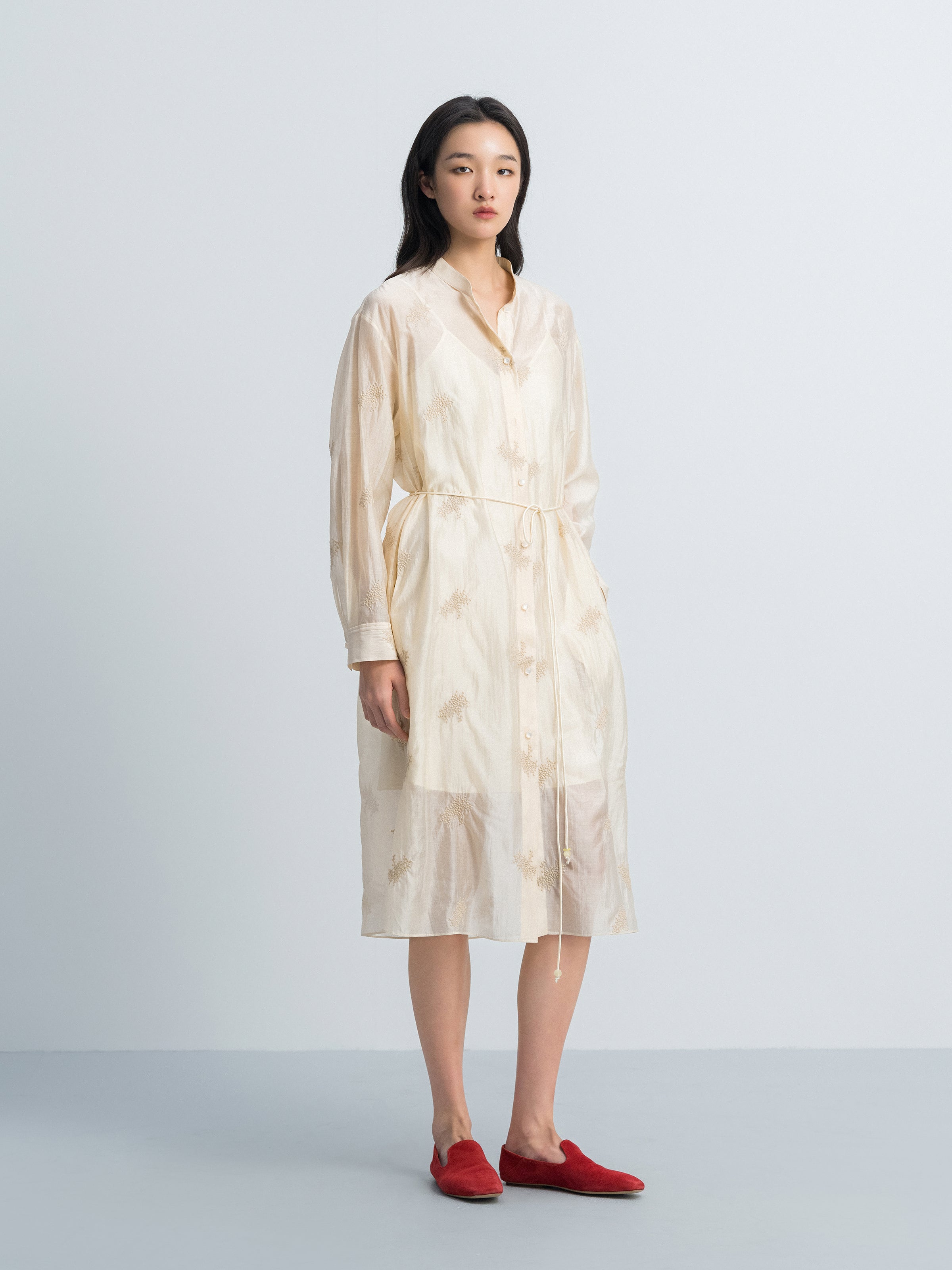 Beige Yellow Lyocell Blend Stand Collar Belt Waist Dress