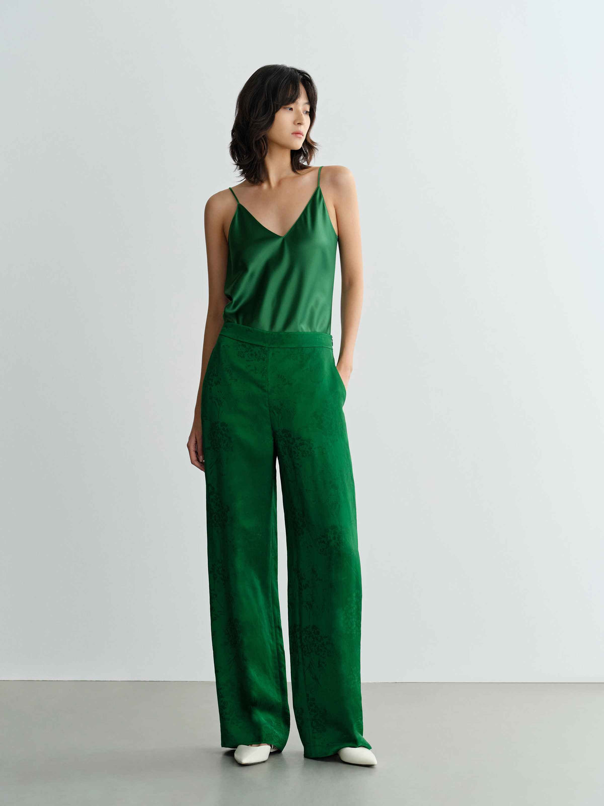 Green Acetate V-Neck Draped Neckline Camisole