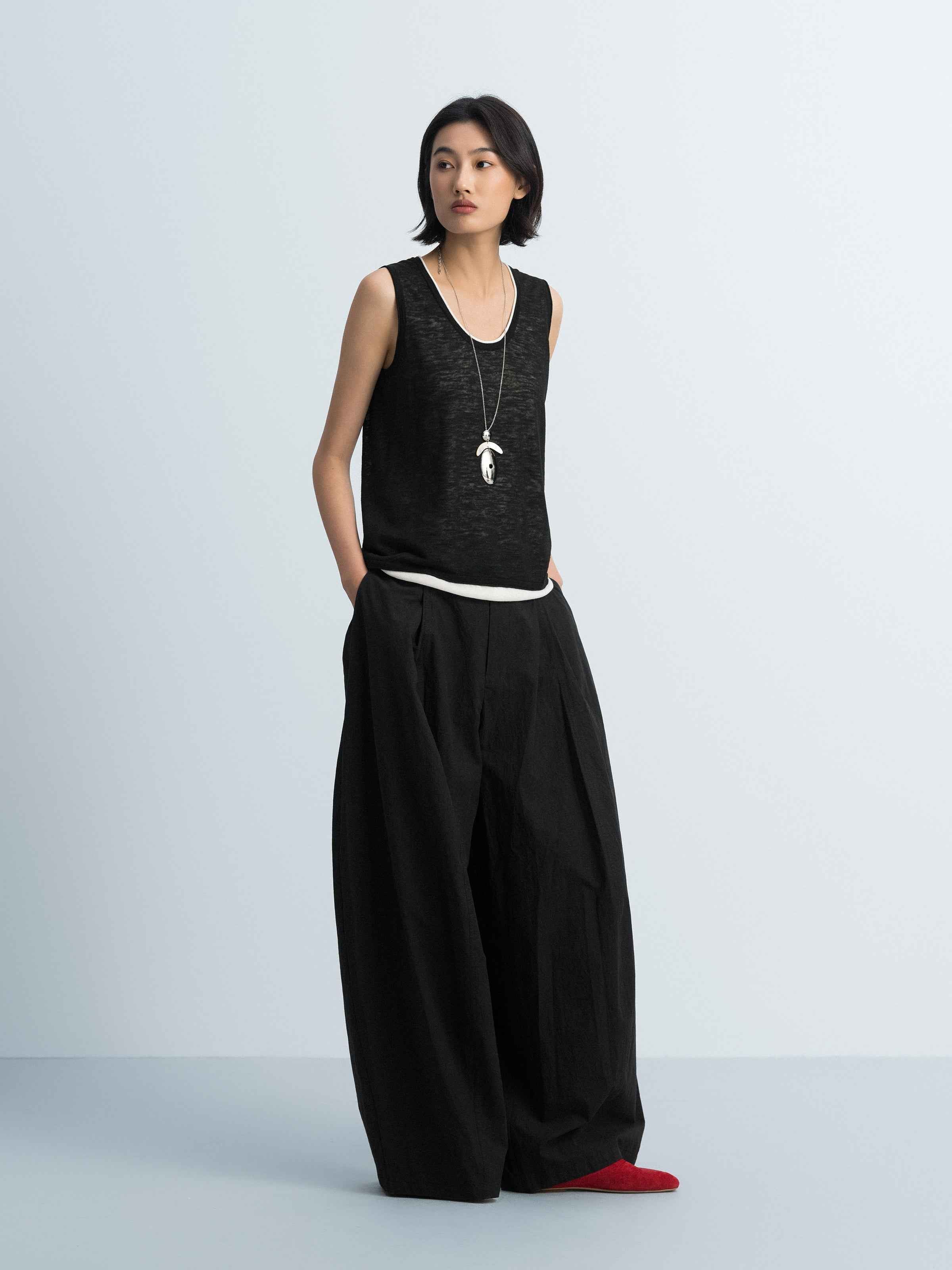 Black Washed Pima Cotton Tapered Pocket Flap Trousers