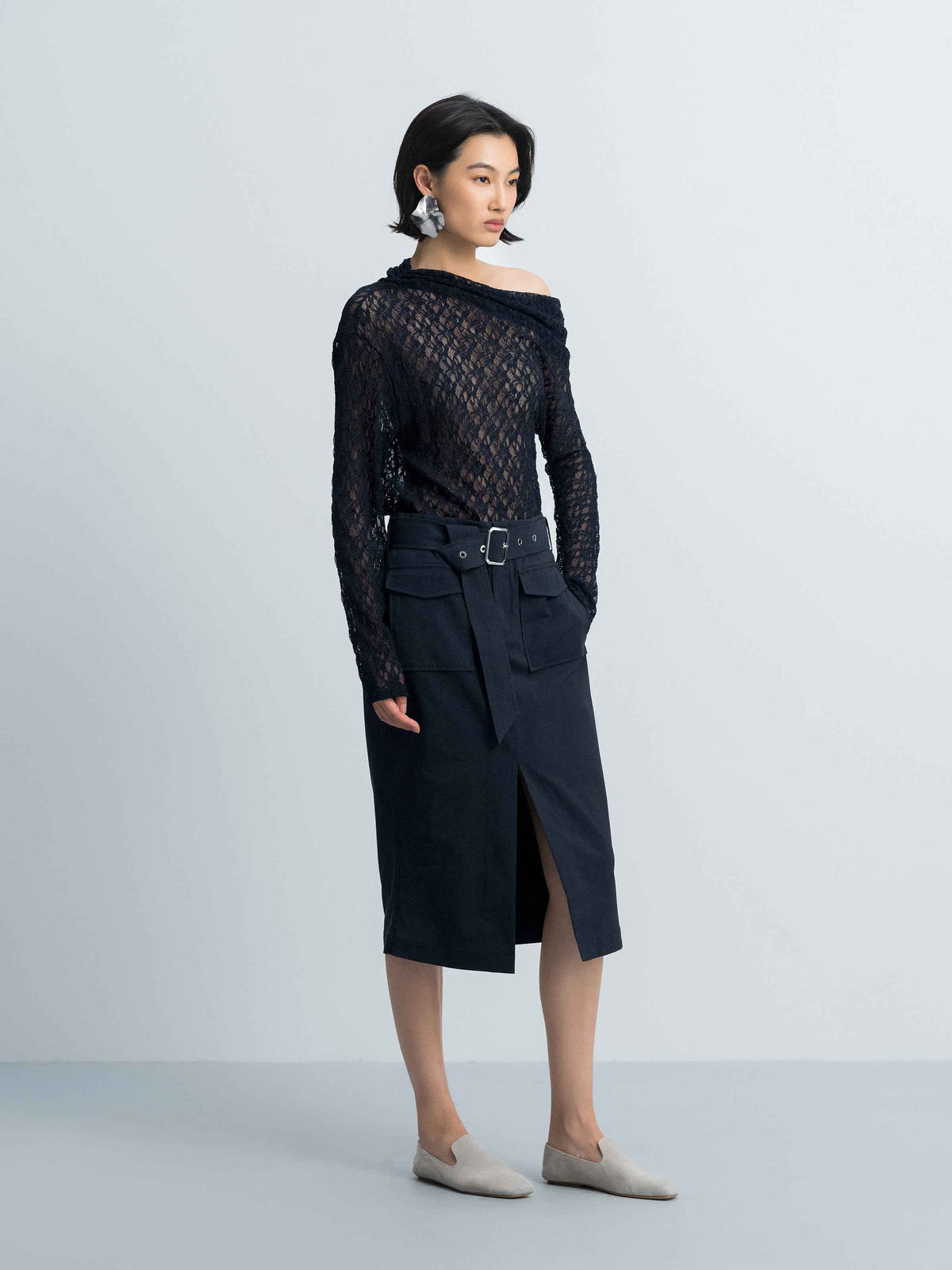 Navy Blue Stretch Lace One-Shoulder Fitted Long-Sleeve Top