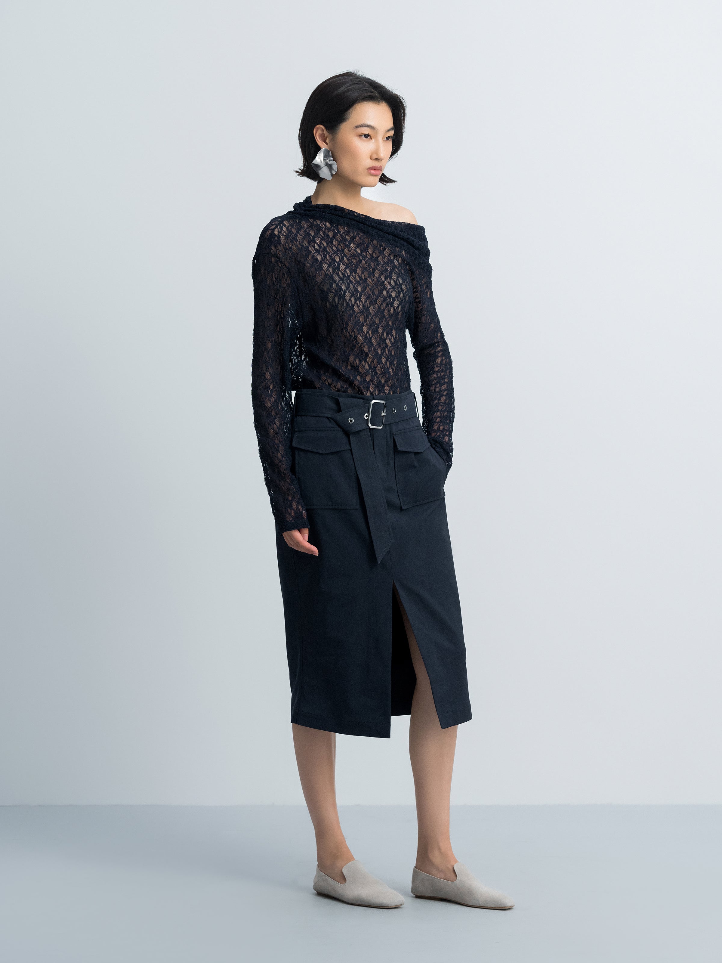 Navy Blue Stretch Lace One-Shoulder Fitted Long-Sleeve Top