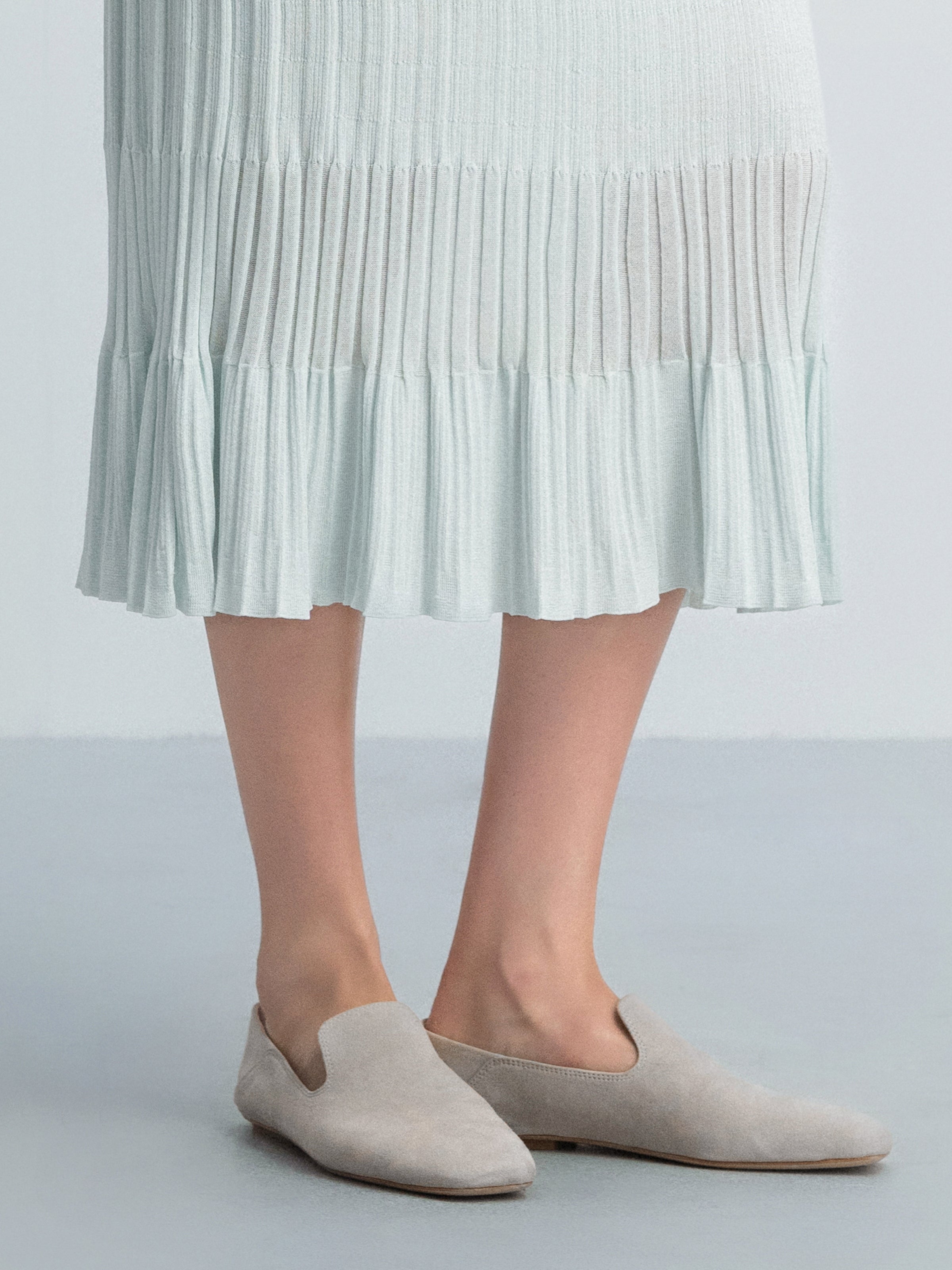 Beige Suede Goatskin U-Cut Square Toe Loafer Flats