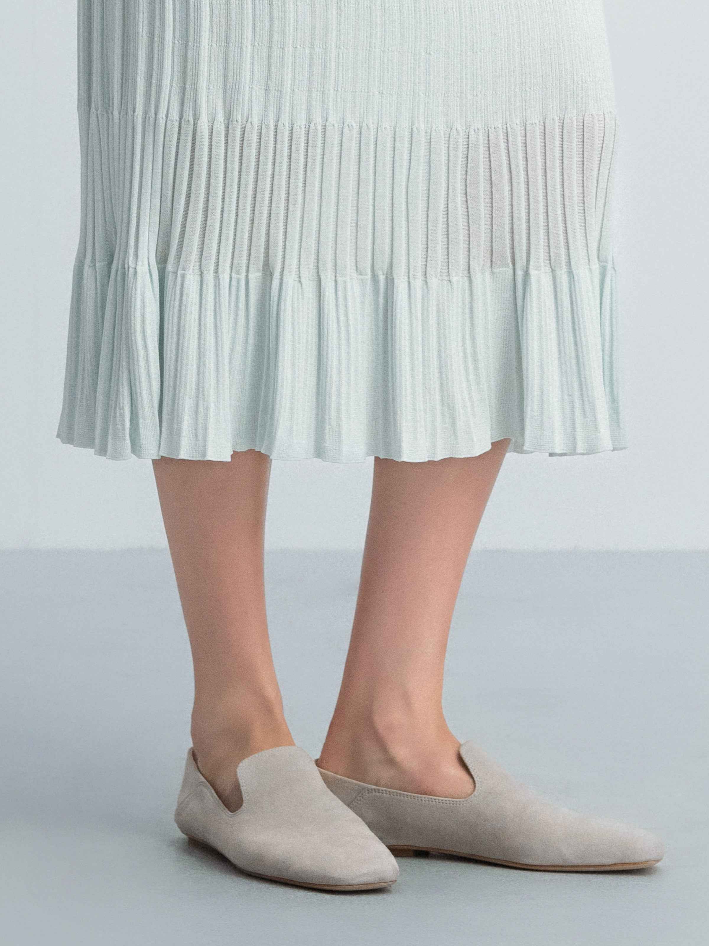 Beige Suede Goatskin U-Cut Square Toe Loafer Flats