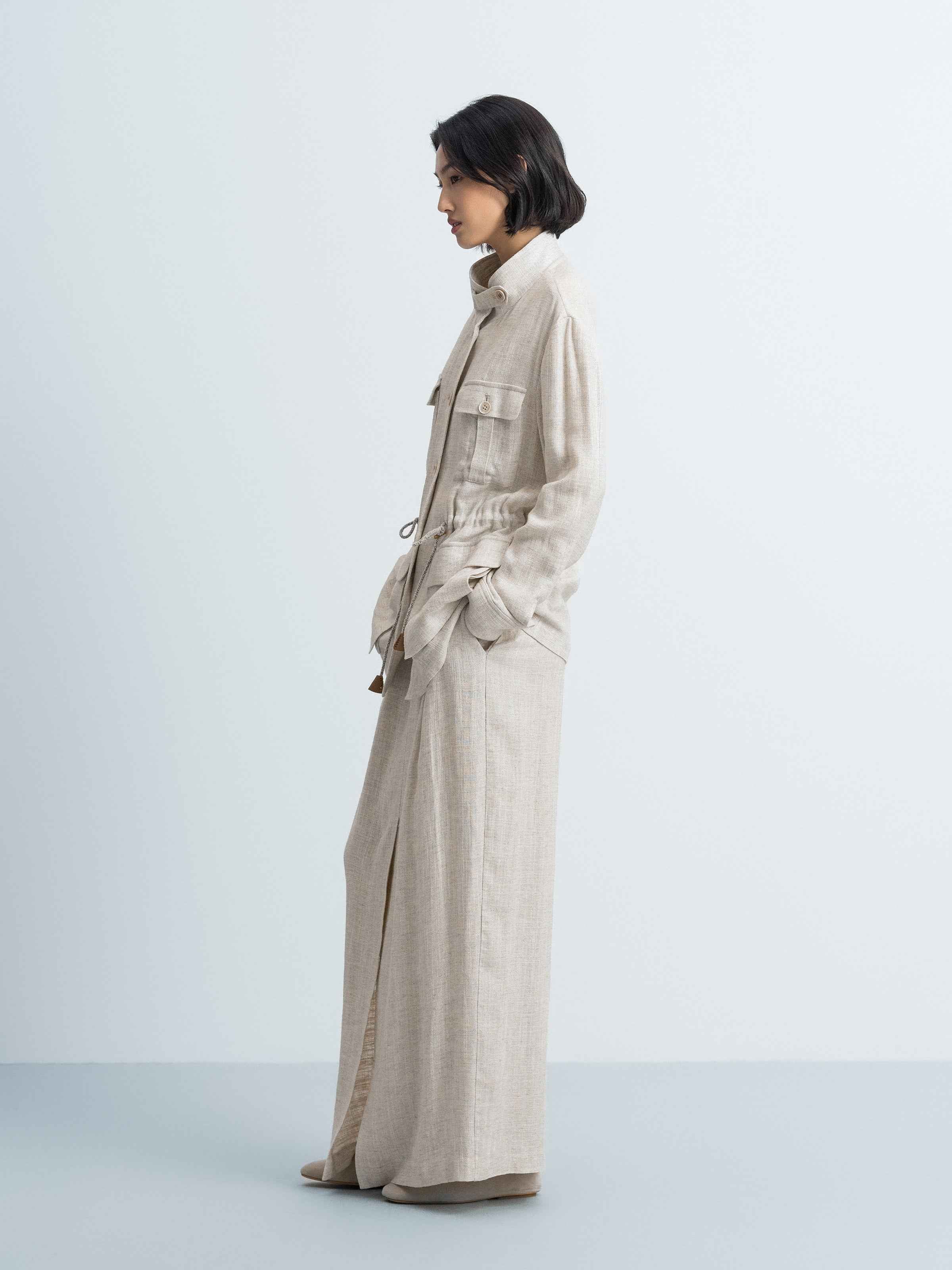 Beige Shimmering Linen Viscose Drawstring Stand Collar Jacket
