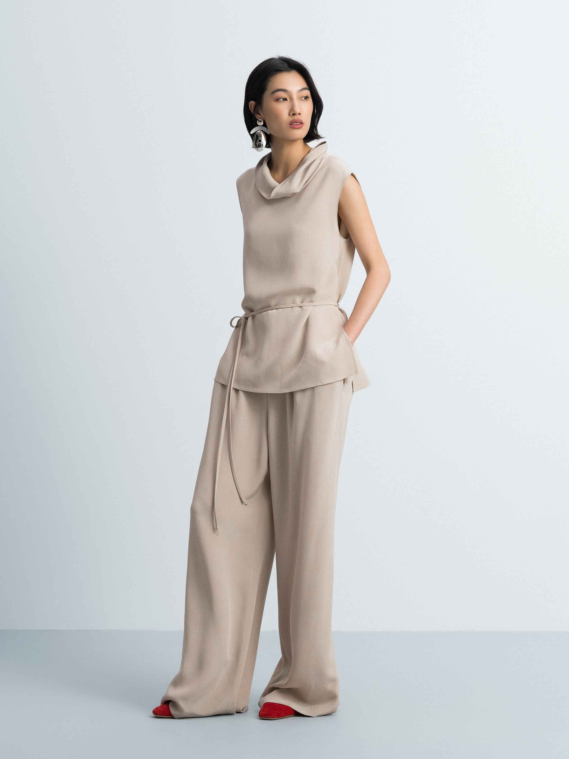 Light Khaki Mulberry Silk Double Pleat Wide-Leg Trousers