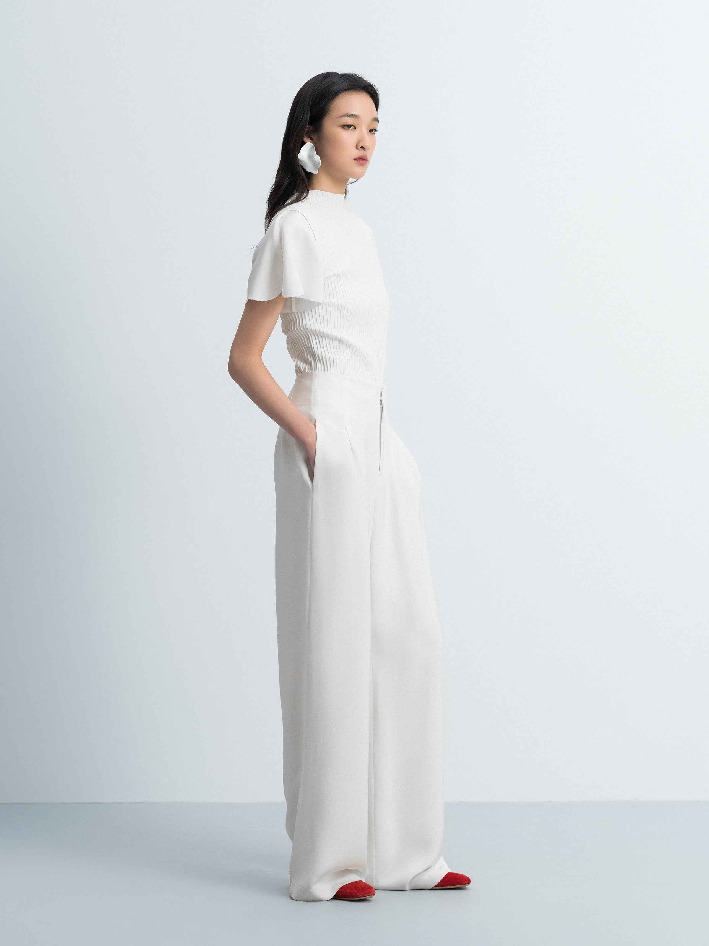 Cream White Mulberry Silk Double Pleat Wide-Leg Trousers