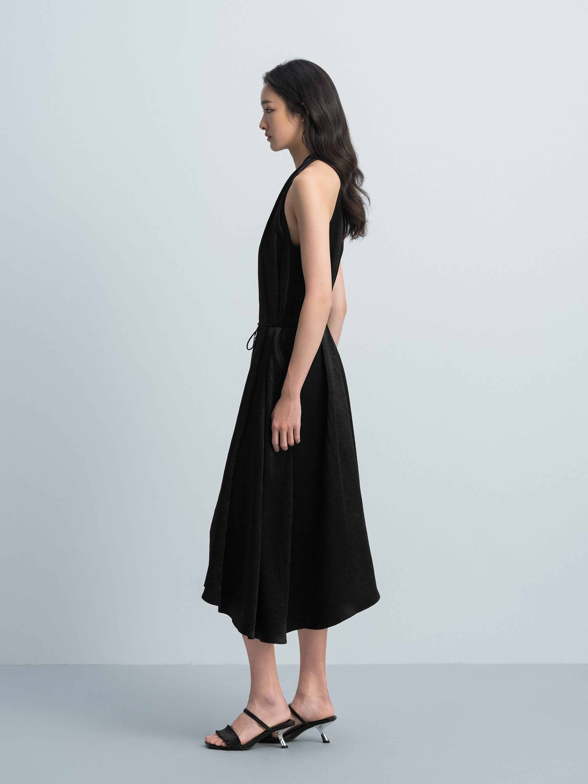 Black Acetate Satin Halter V-Neck Belt Waist Sleeveless Dress