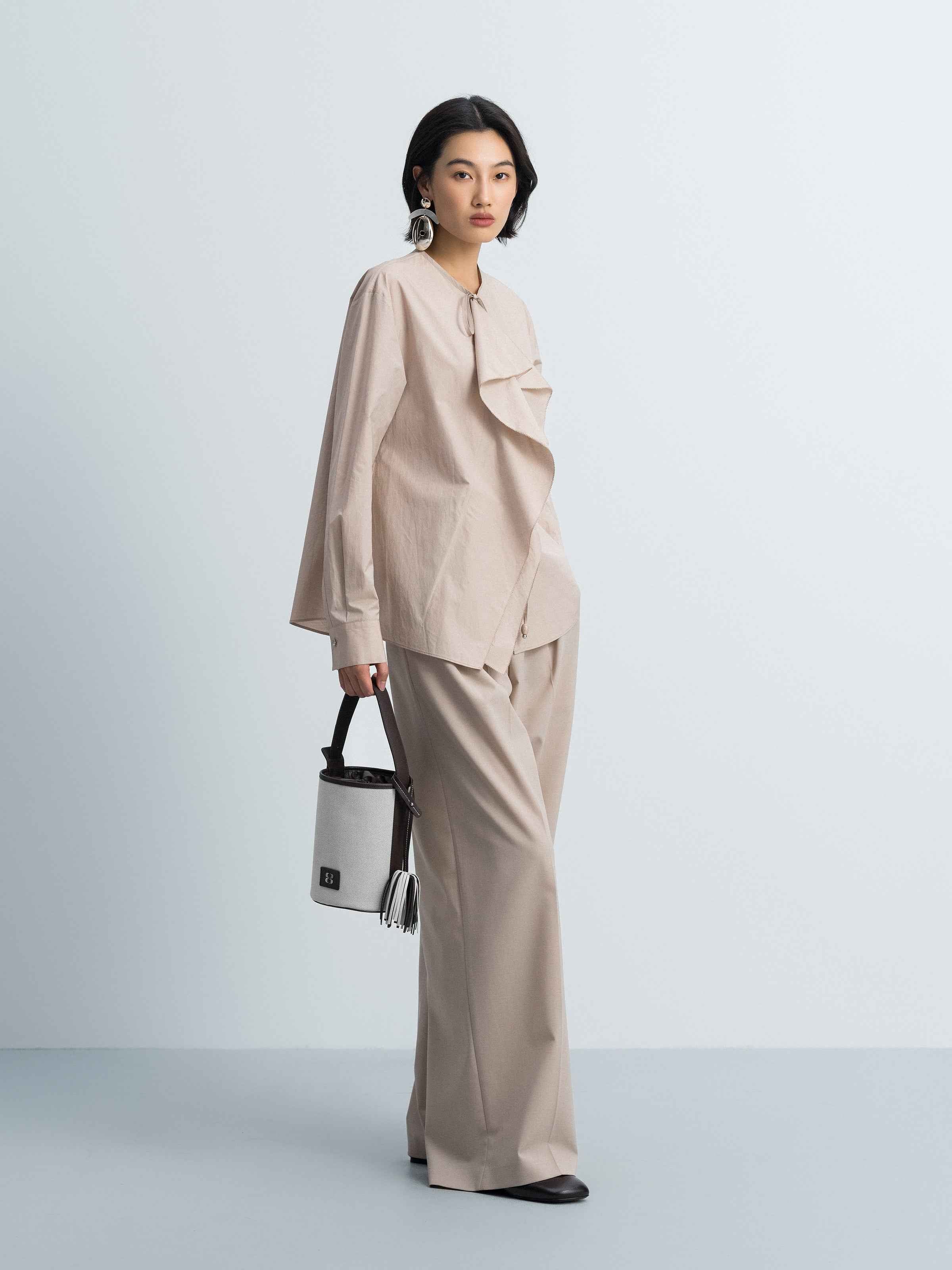 Light Khaki Worsted Wool Double Pleat Wide-Leg Trousers