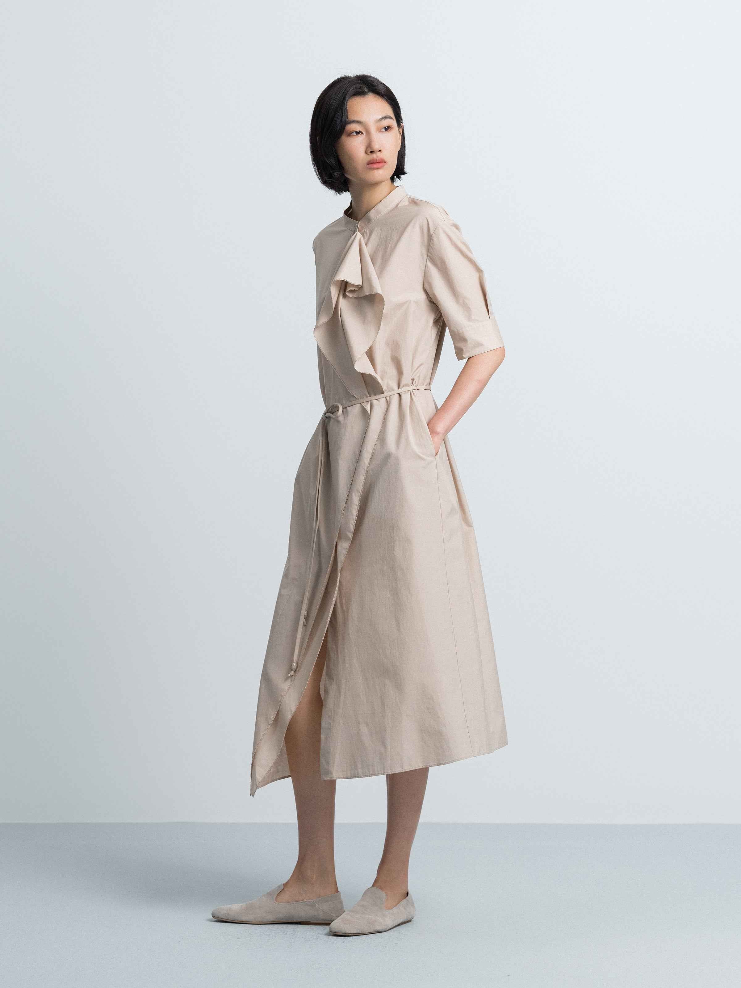 Light Khaki Cotton Poly A-Line Tie Neck Shirt Dress