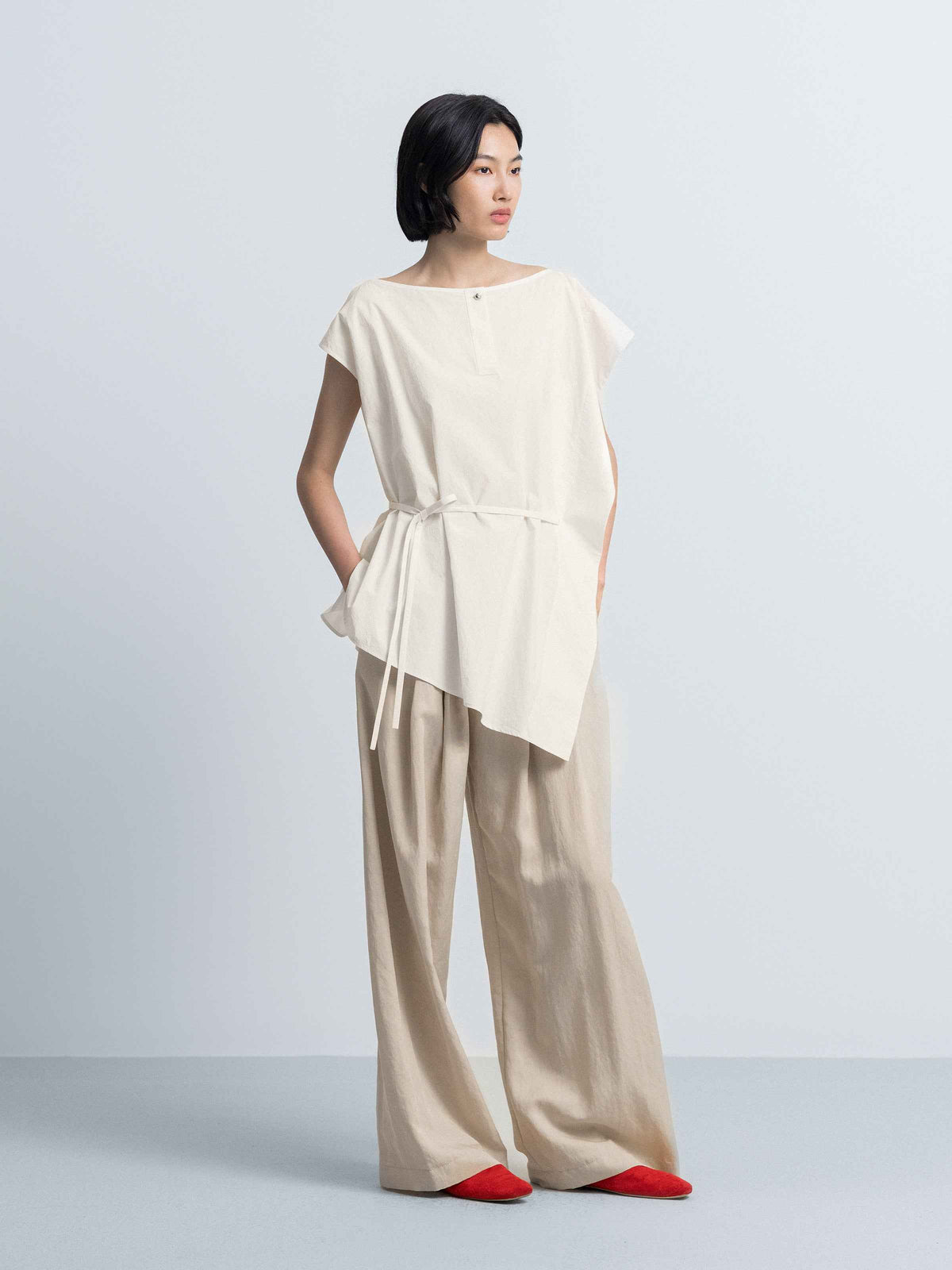 Cream White Pima Cotton Asymmetric Belt Waist Sleeveless Top