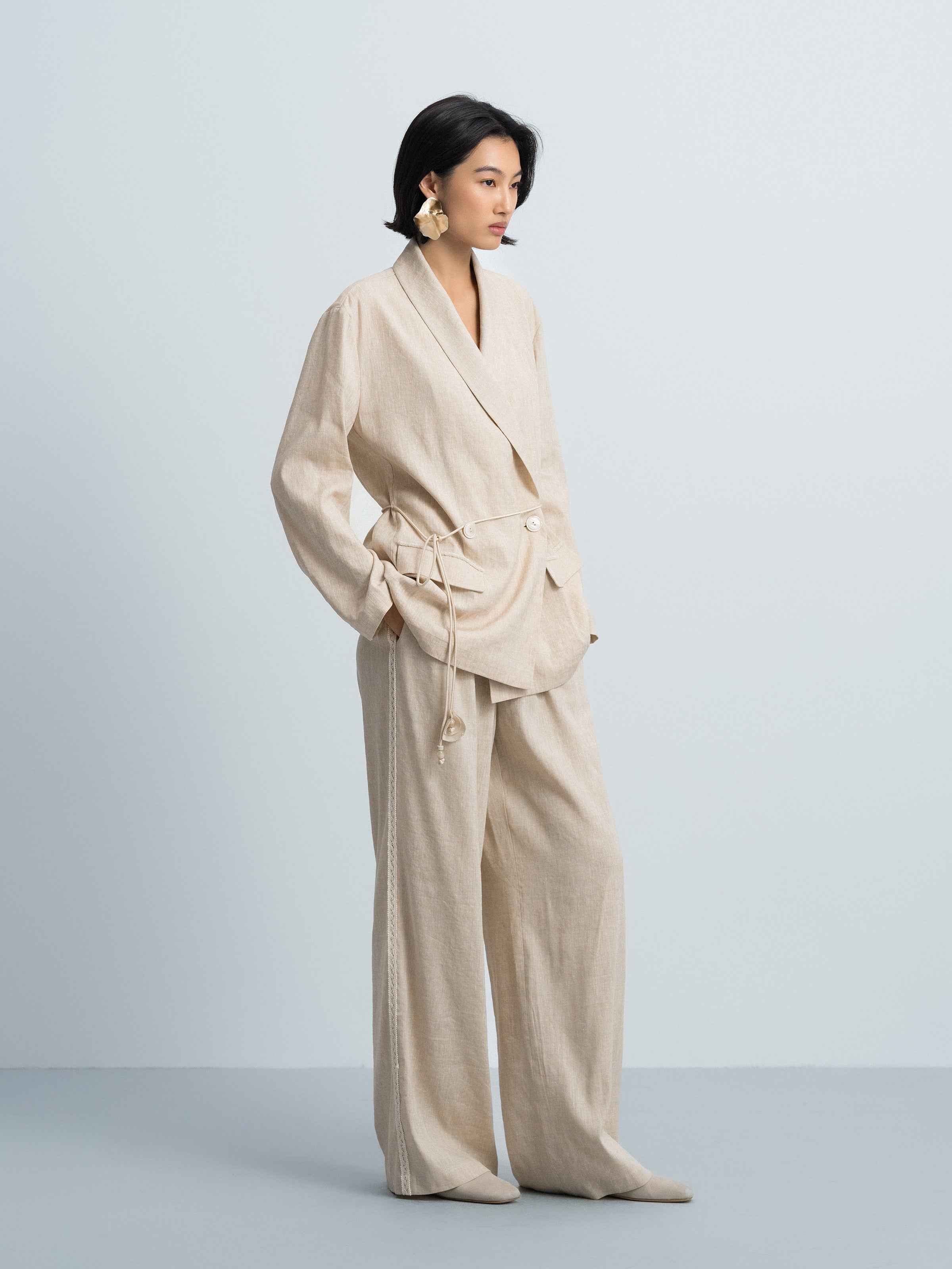 Oatmeal Linen Blend Shawl Collar Drawstring Straight Blazer