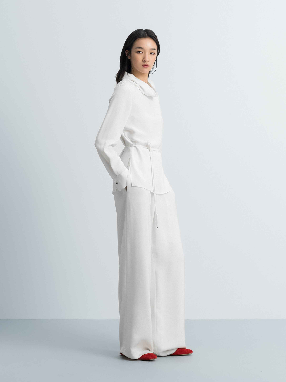 Cream White Mulberry Silk Drawstring Waist Long-Sleeve Top