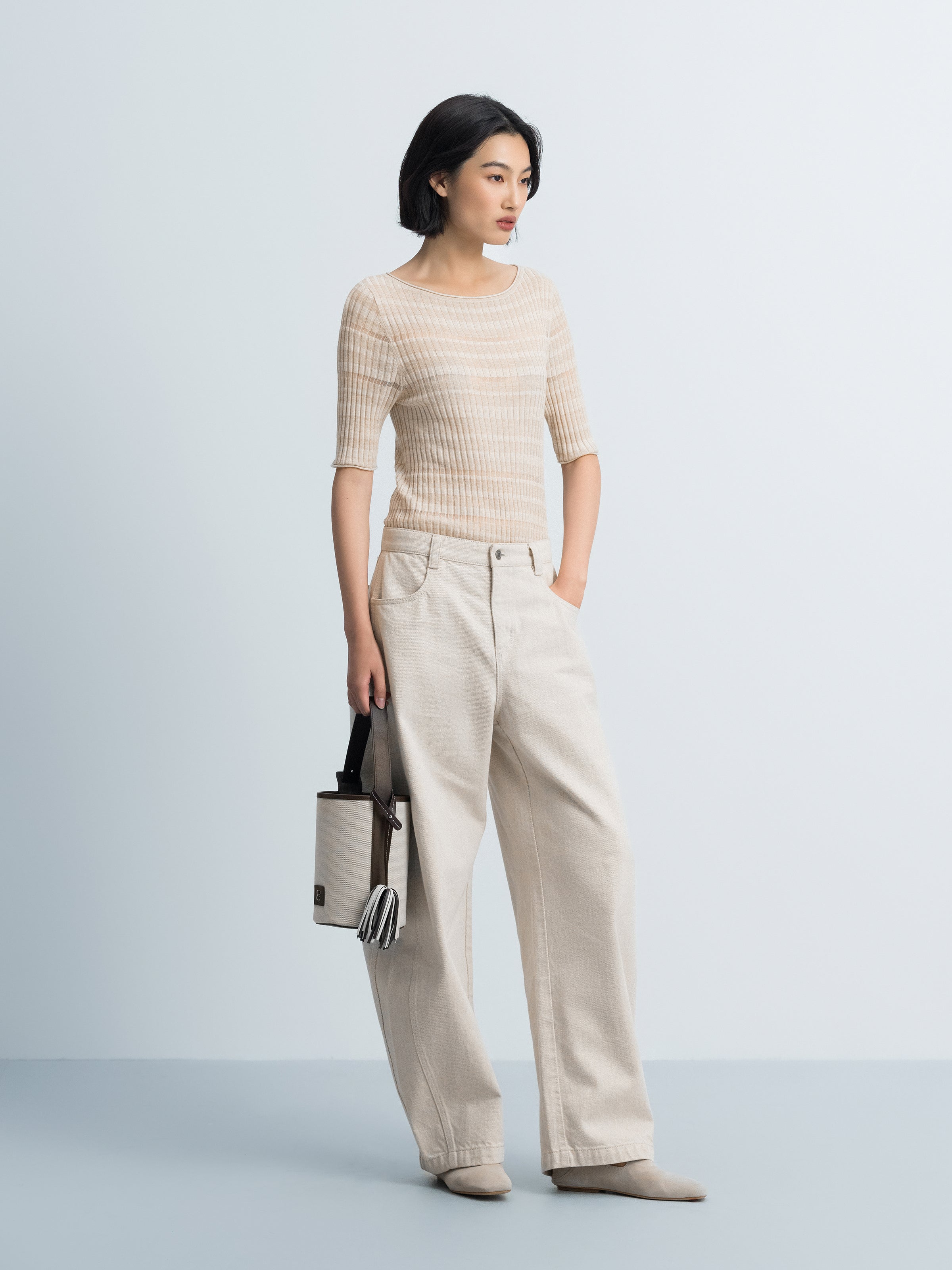 Beige Woven Canvas Leather Splice Cylindrical Crossbody Bag