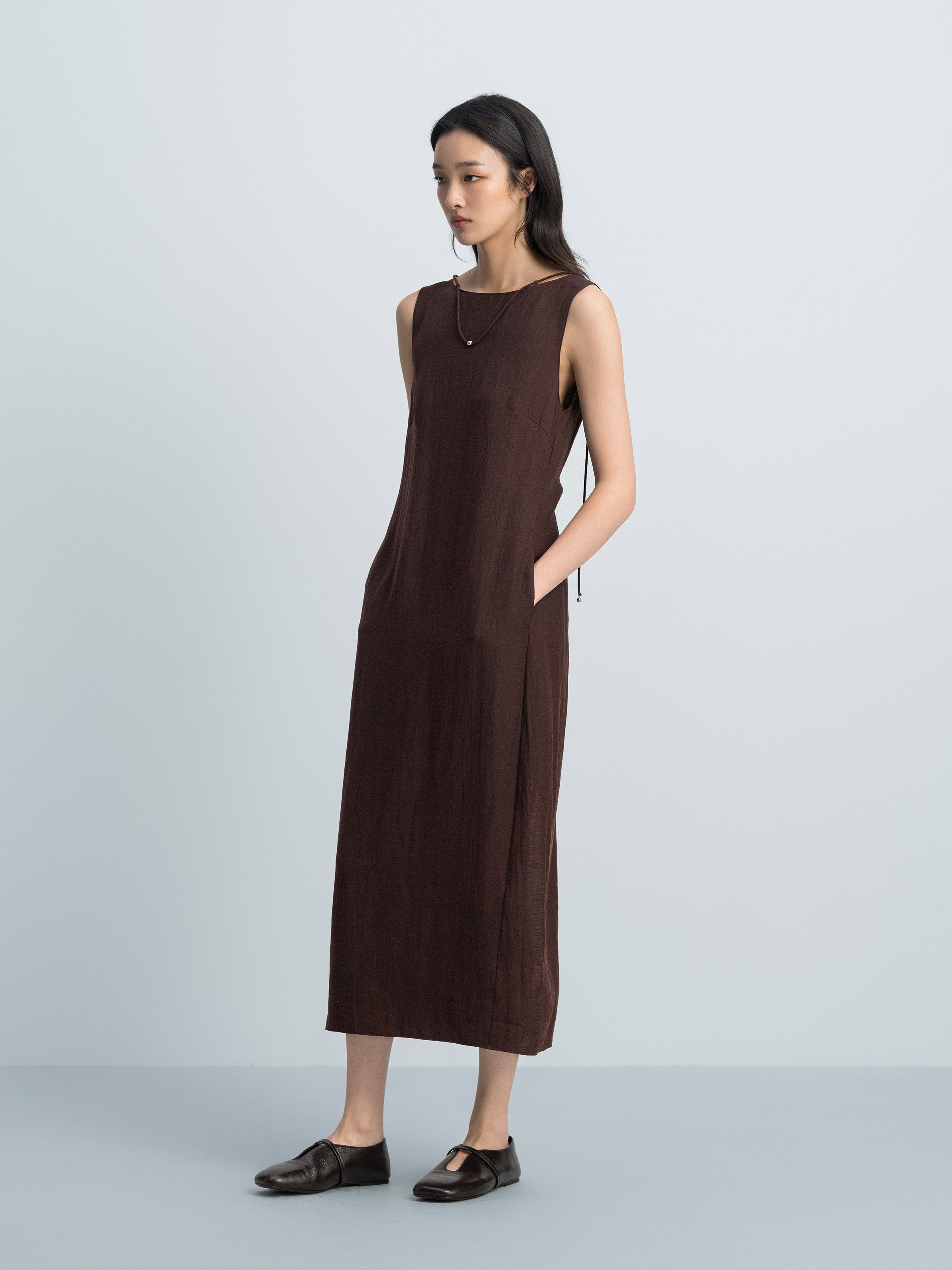 Coffee Brown Linen Blend Drawstring V Knot Cocoon Dress