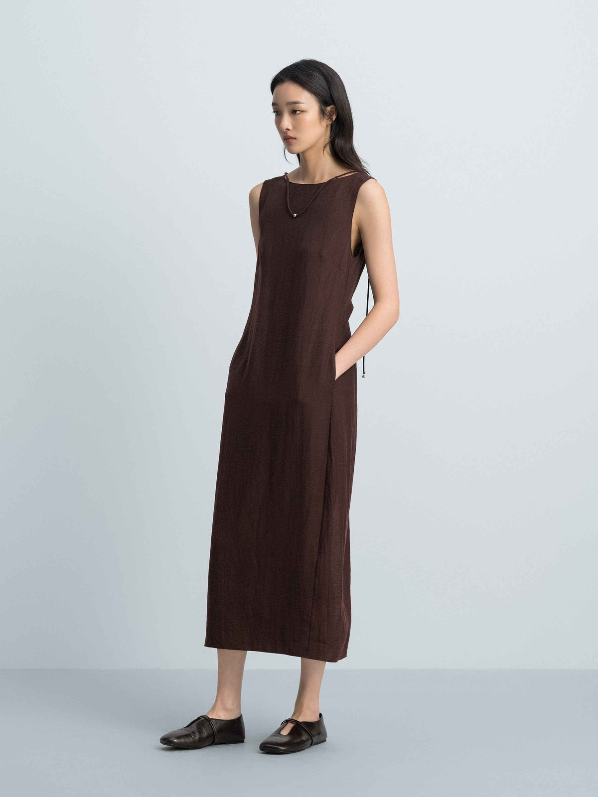 Coffee Brown Linen Blend Drawstring V Knot Cocoon Dress