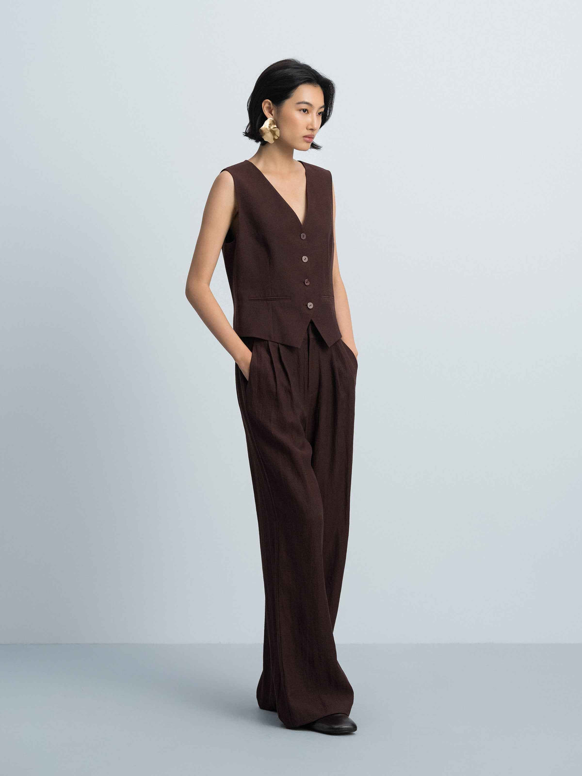 Coffee Brown Linen Blend Shell Button V-Neck Vest