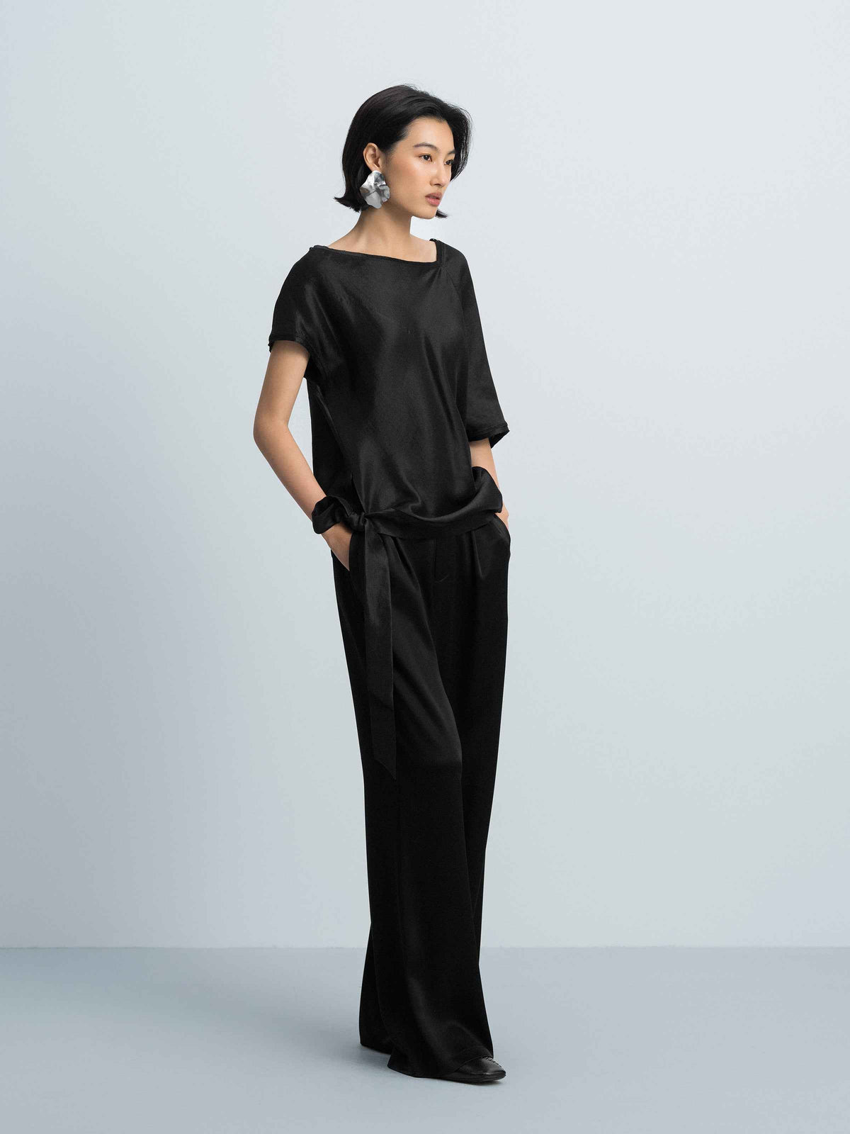 Black Water Wave Satin High-Waist Wide-Leg Trousers
