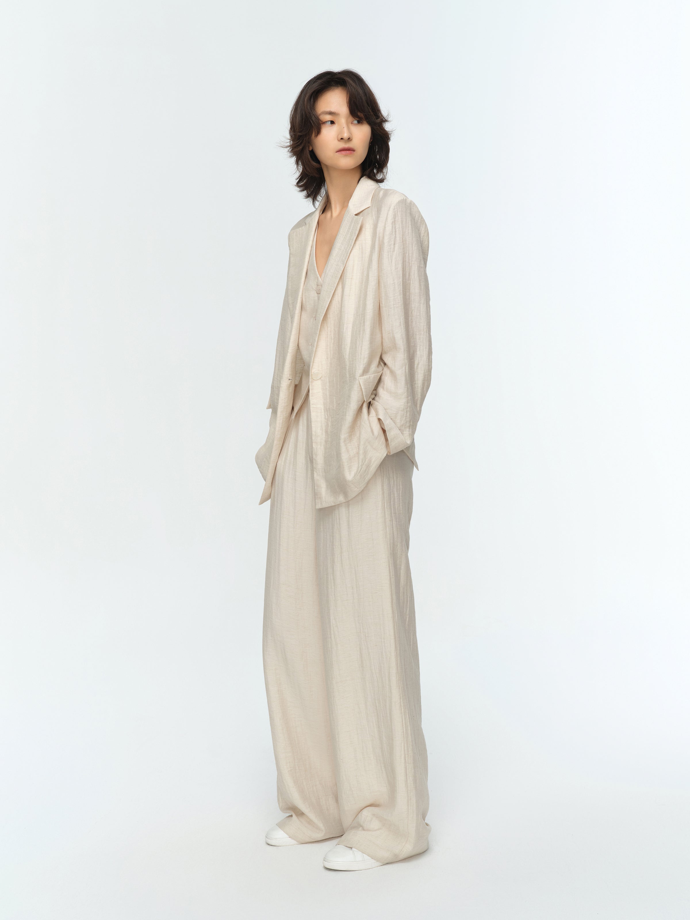 Cream White Linen Shell Button Straight Blazer