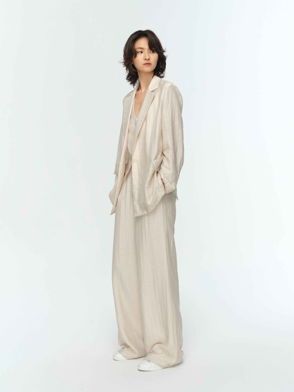 Cream White Linen Shell Button Straight Blazer