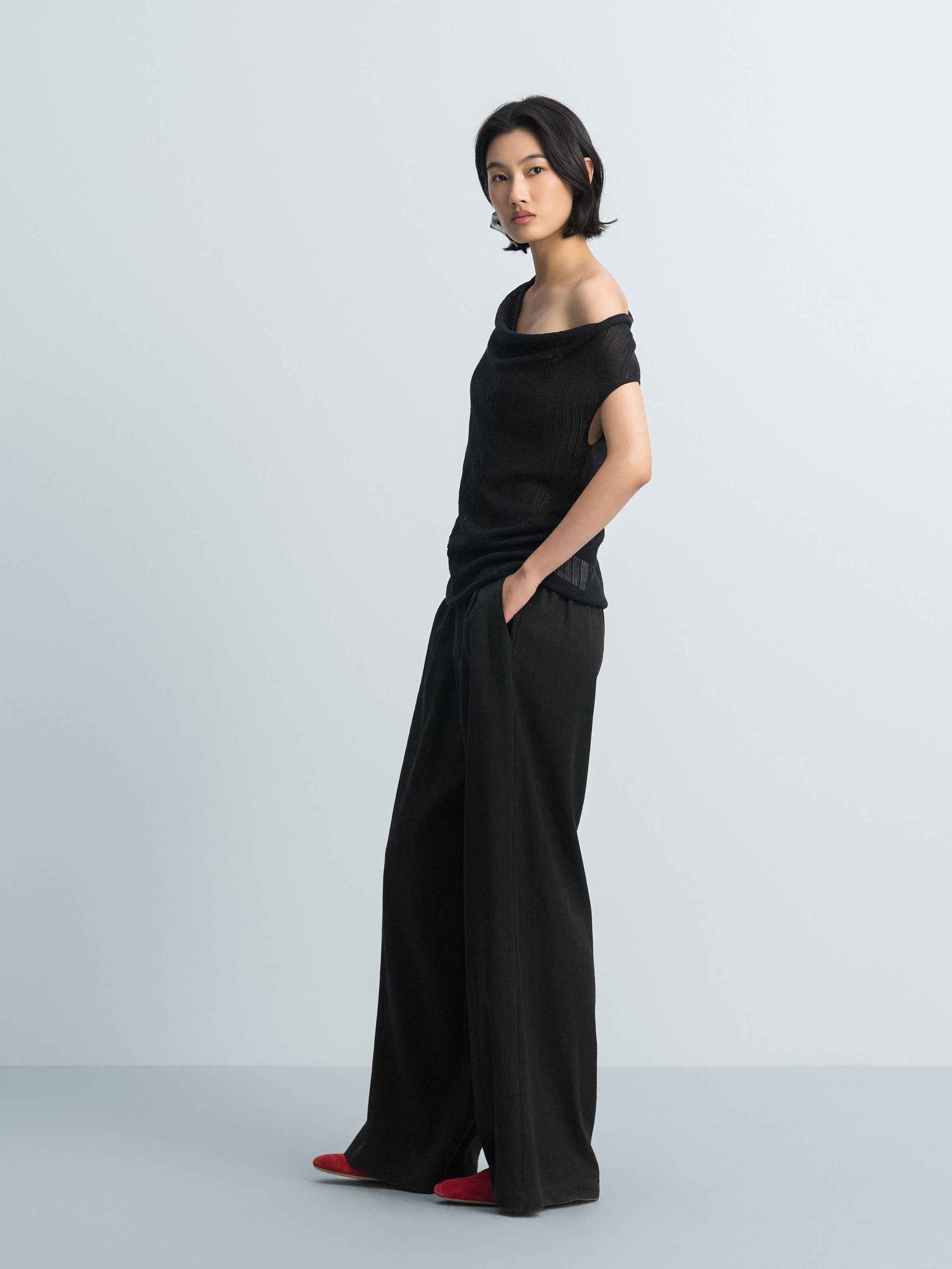 Black Triacetate Tencel One-Shoulder Jacquard Knit Sweater
