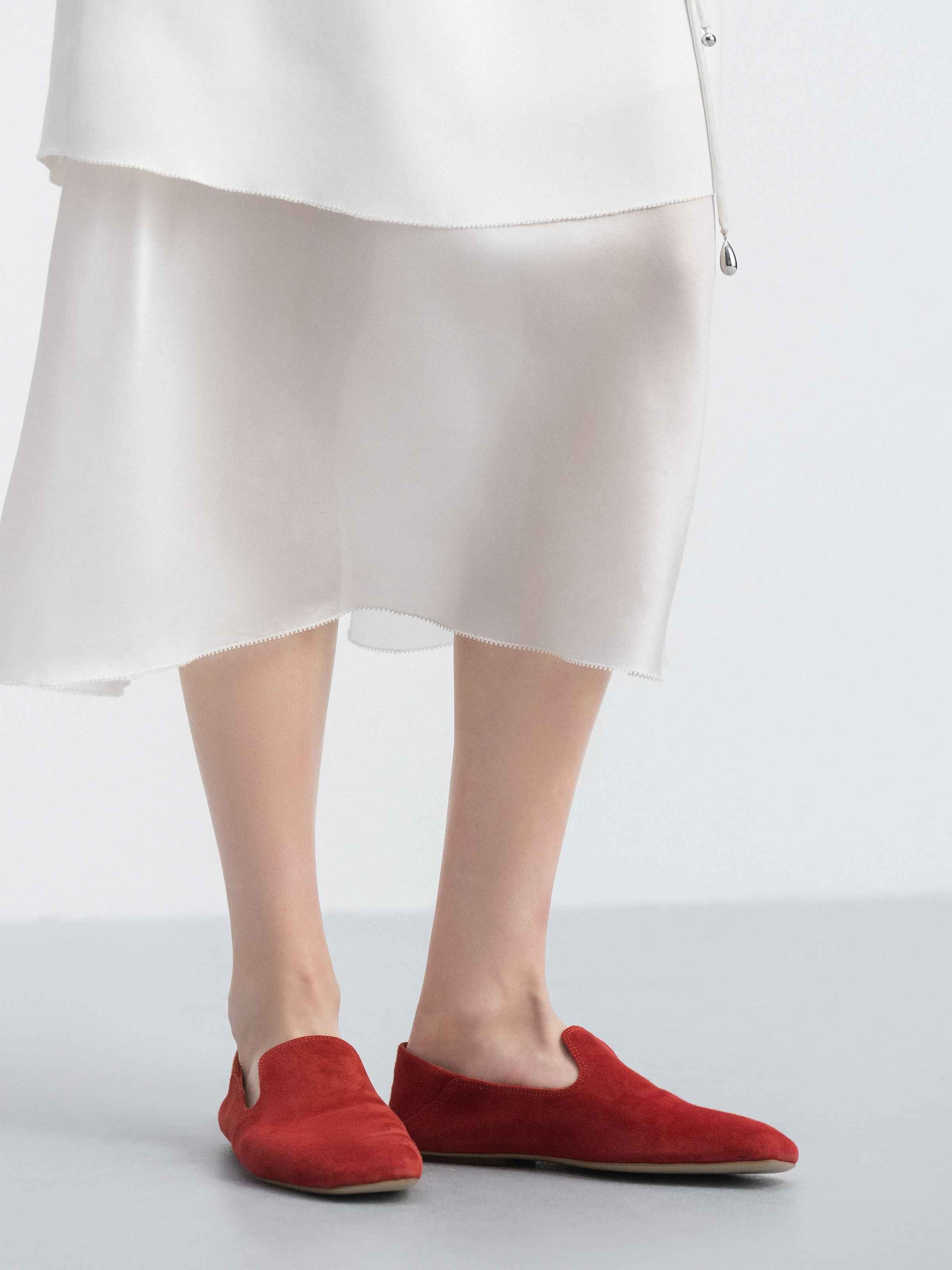 Bright Red Suede Goatskin U-Cut Square Toe Loafer Flats