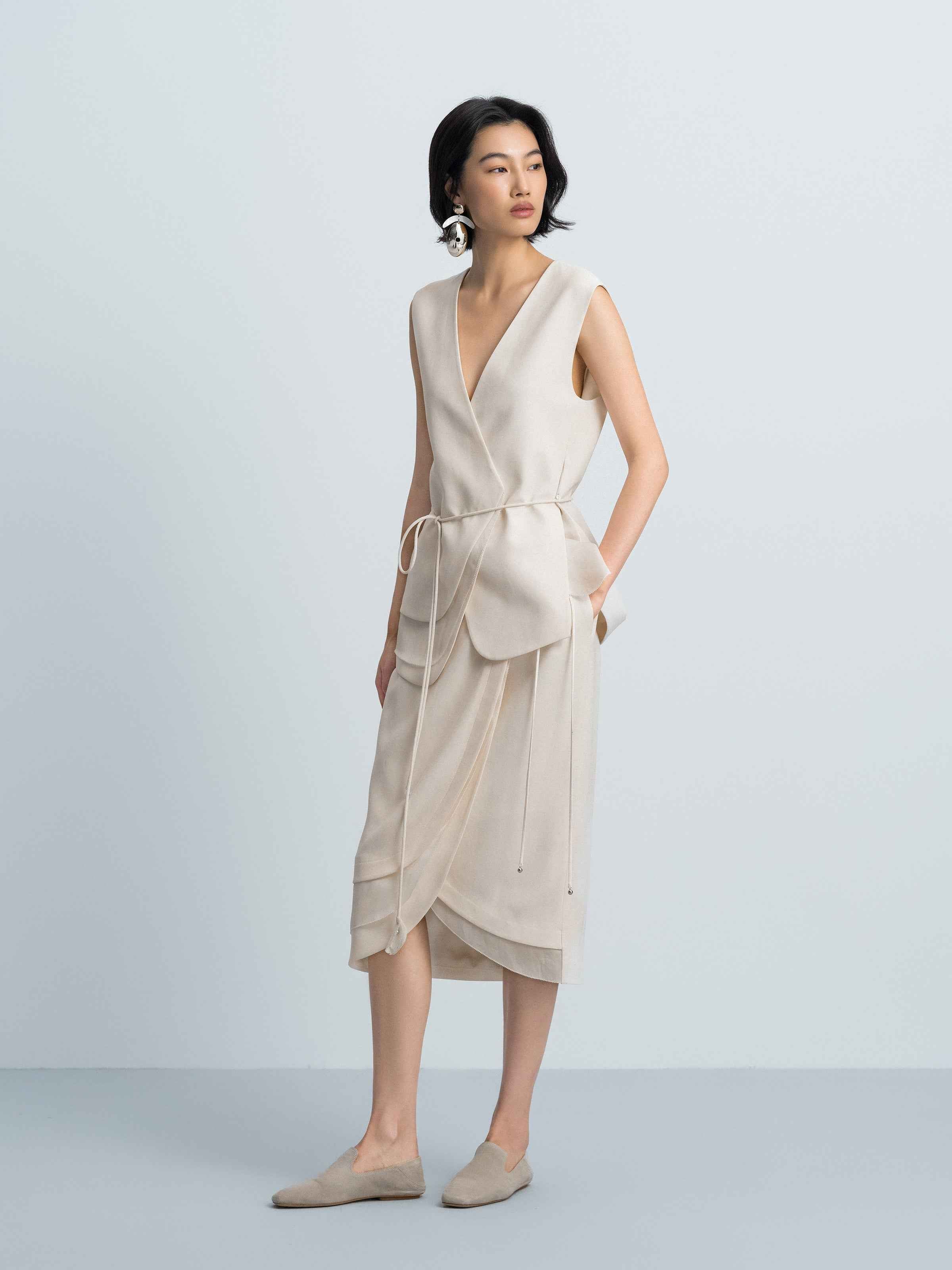 Cream White Triacetate Mesh Cocoon Tassel Tie Midi Skirt