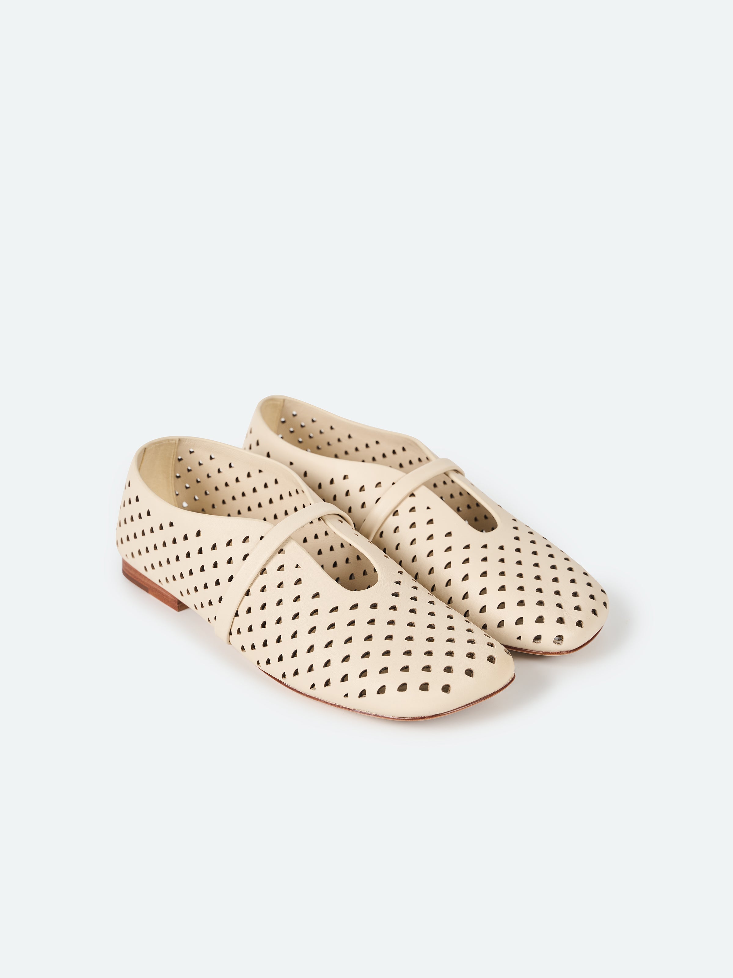 Cream White Cowhide Laser Perforation Square Toe Flat Shoes