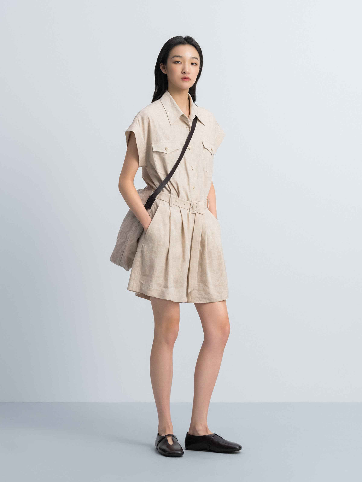Oatmeal Linen Blend Drop-Shoulder D-Ring Belt Romper
