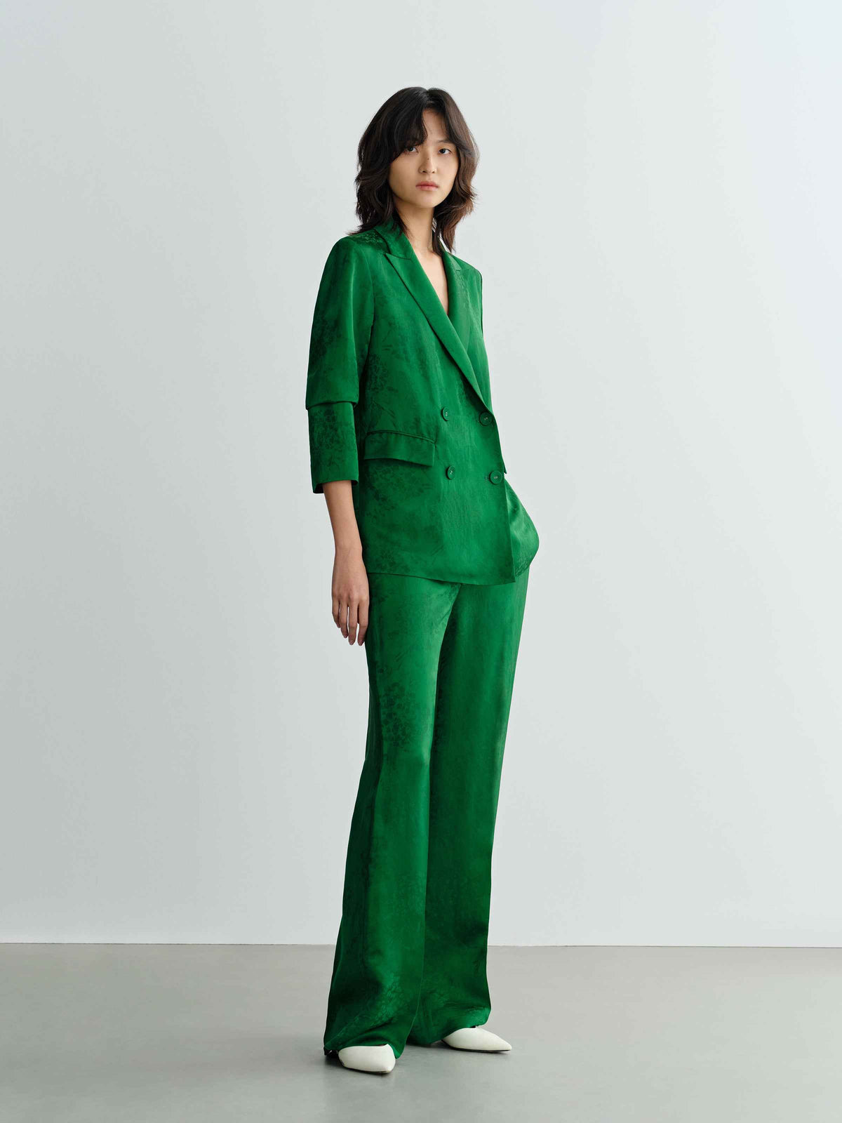 Green Mulberry Silk Jacquard Wide-Leg Trousers