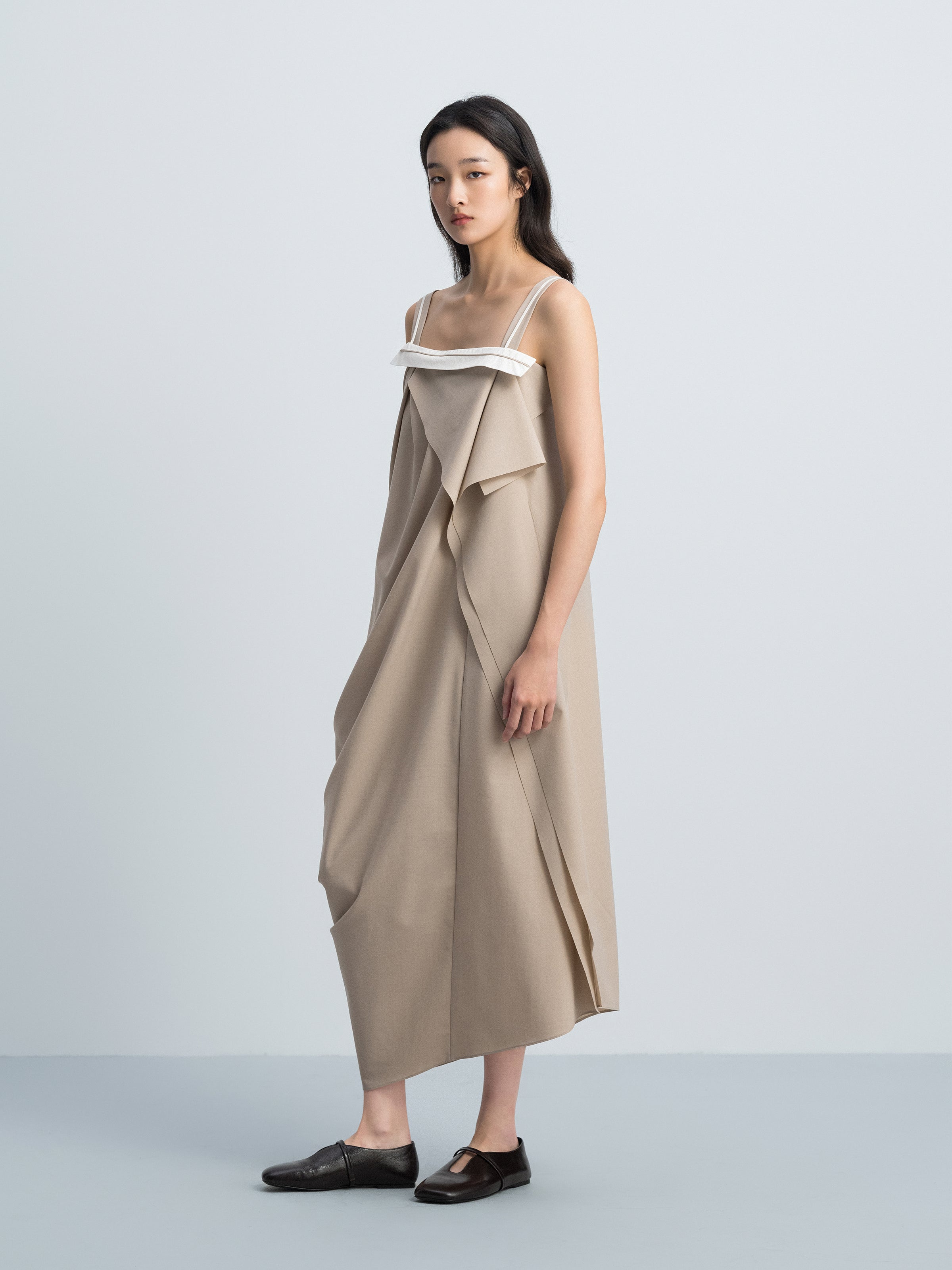 Light Khaki Worsted Wool Irregular Cocoon Strap Slip Dress