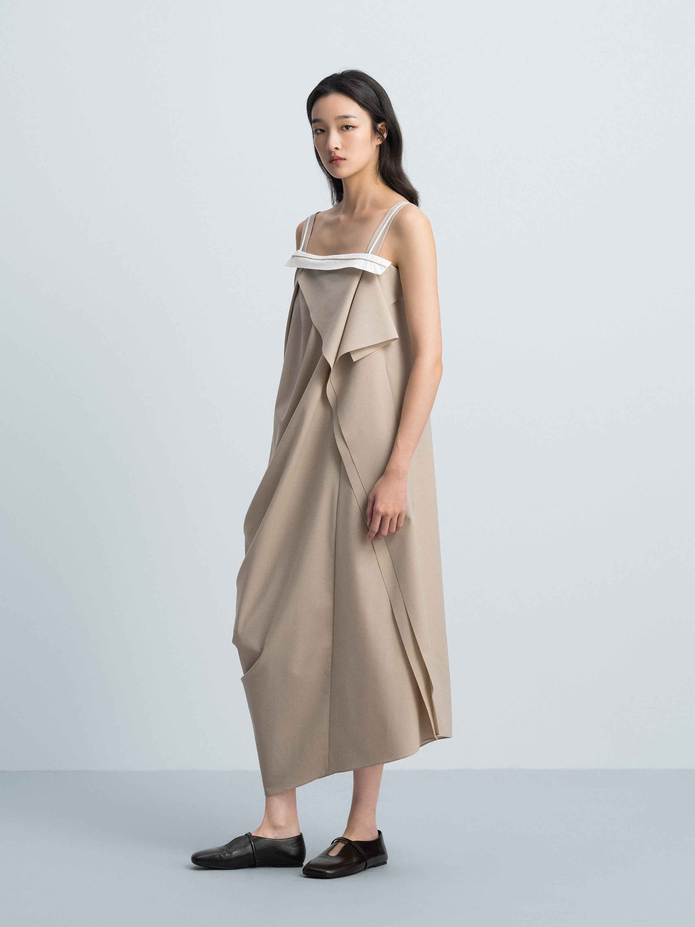 Light Khaki Worsted Wool Irregular Cocoon Strap Slip Dress