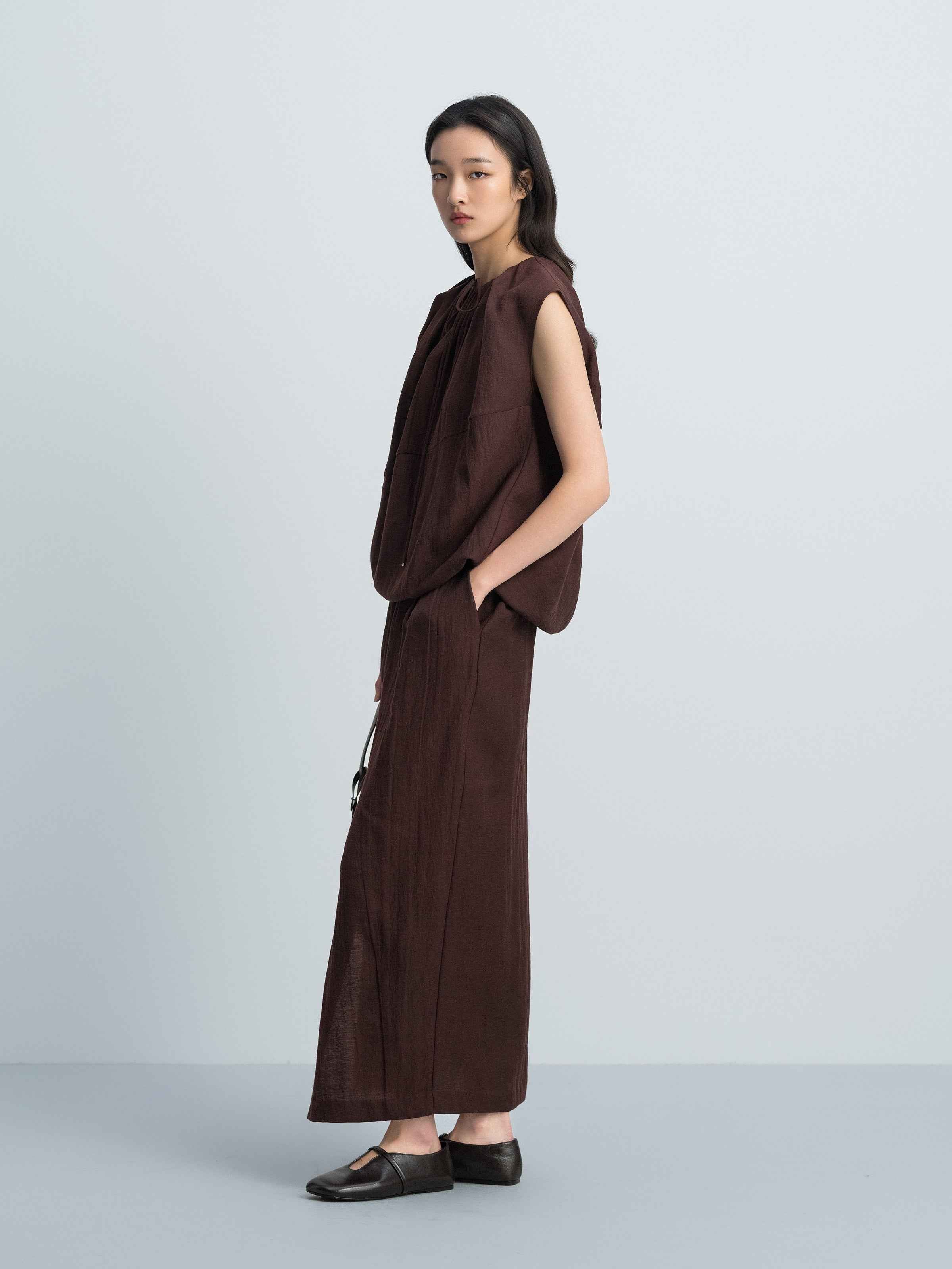Coffee Brown Linen Blend Front Slit Elastic Long Skirt