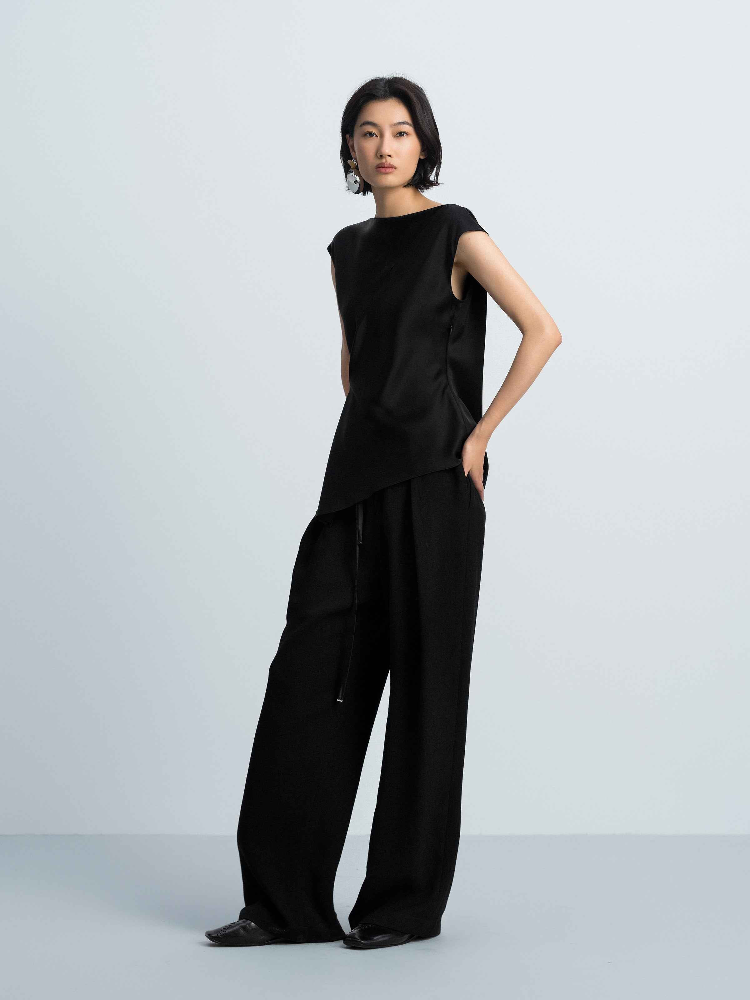 Black Acetate Satin Fitted Waist Cap Sleeve Top