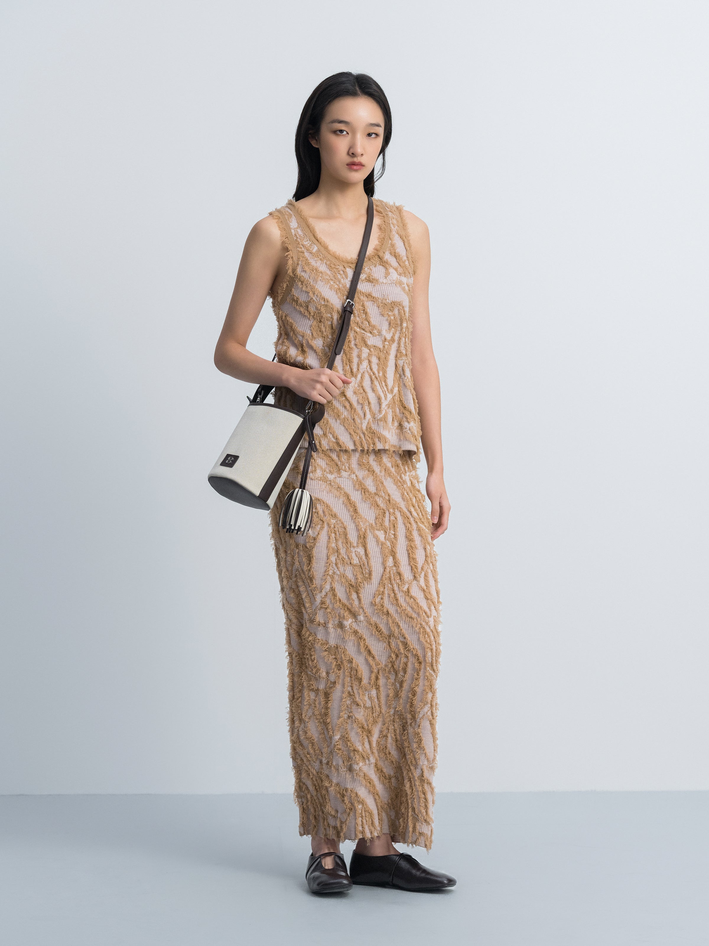 Pattern Merino Wool Fringe Jacquard Straight Knit Skirt