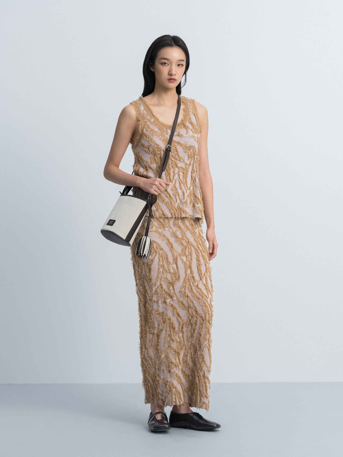 Pattern Merino Wool Fringe Jacquard Straight Knit Skirt