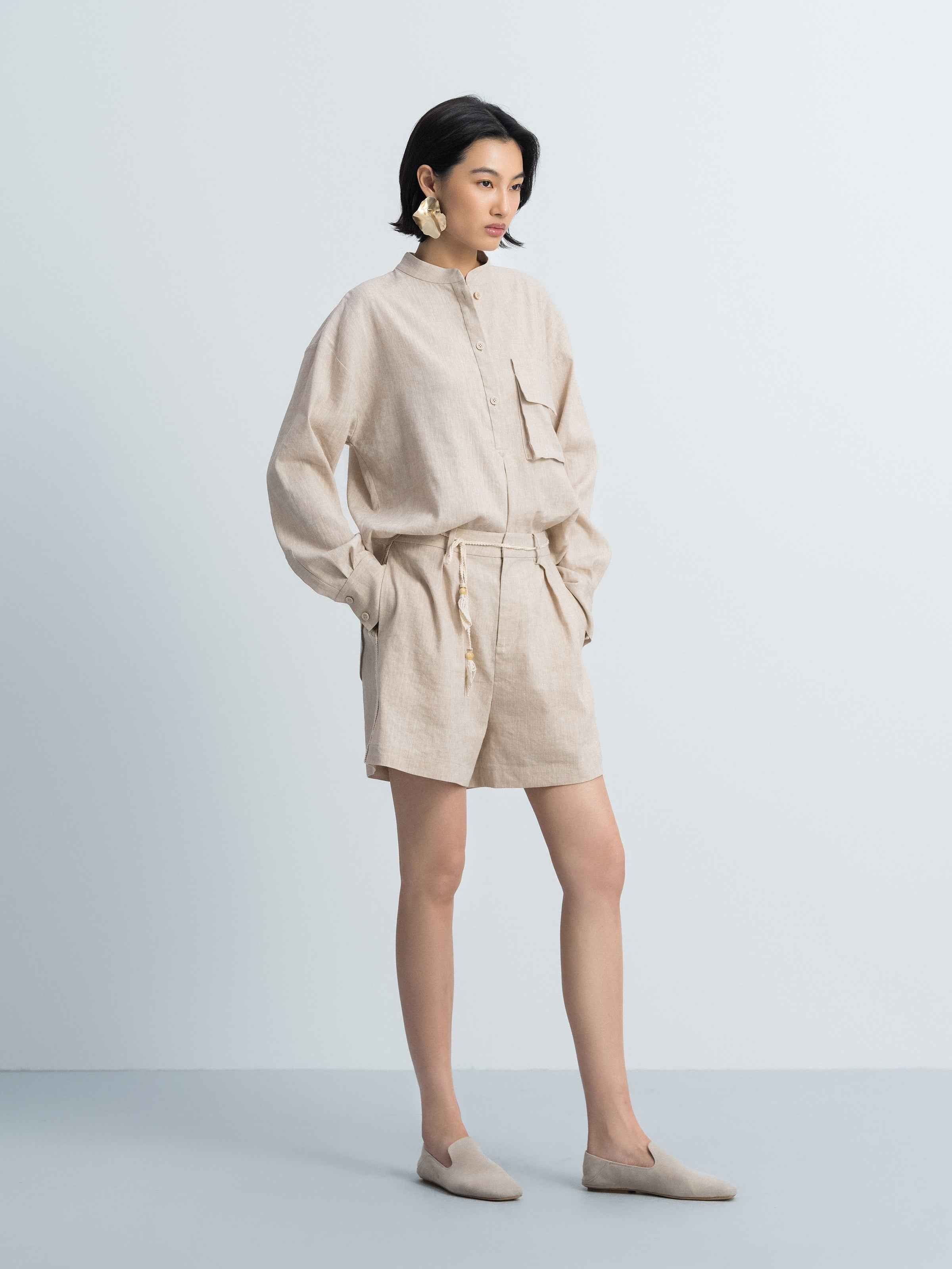 Light Khaki Linen Stand Collar 3D Pocket Long-Sleeve Shirt