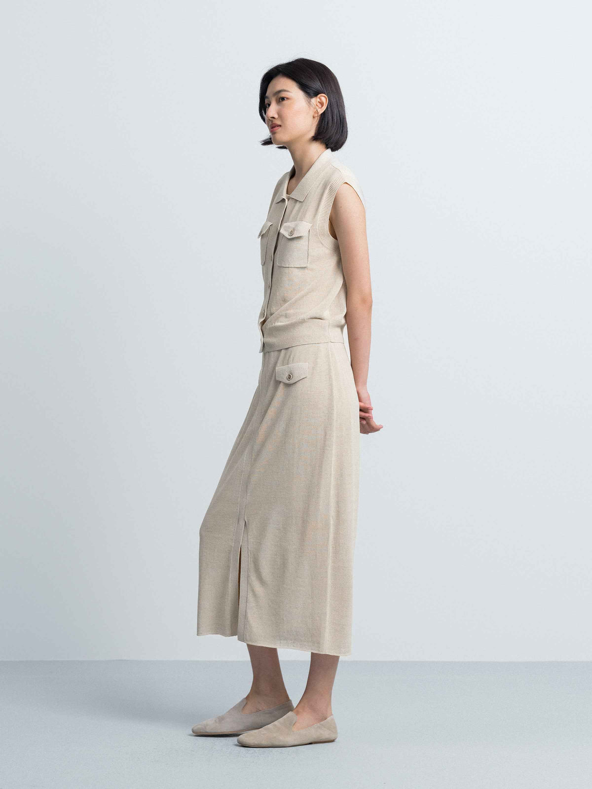 Beige Cotton Linen Knit Straight Patch Pocket Midi Skirt
