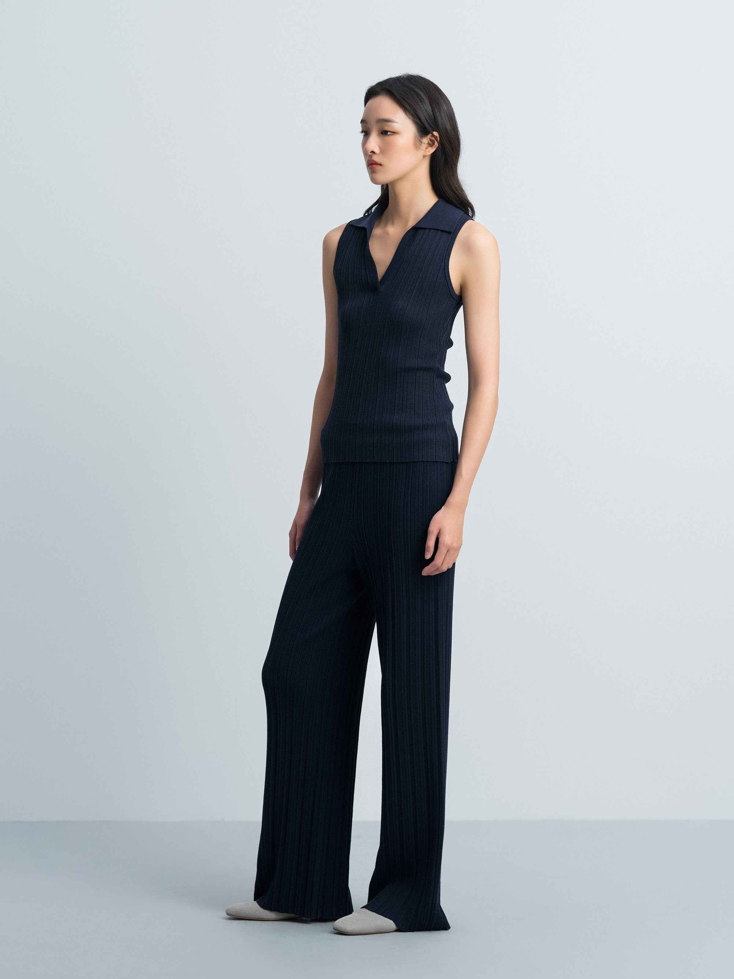 Navy Blue Tencel Acetate Straight Leg Minimalist Knit Trousers