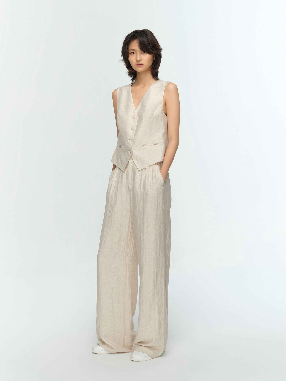 Cream White Linen Cropped V-Neck Slanted Hem Vest