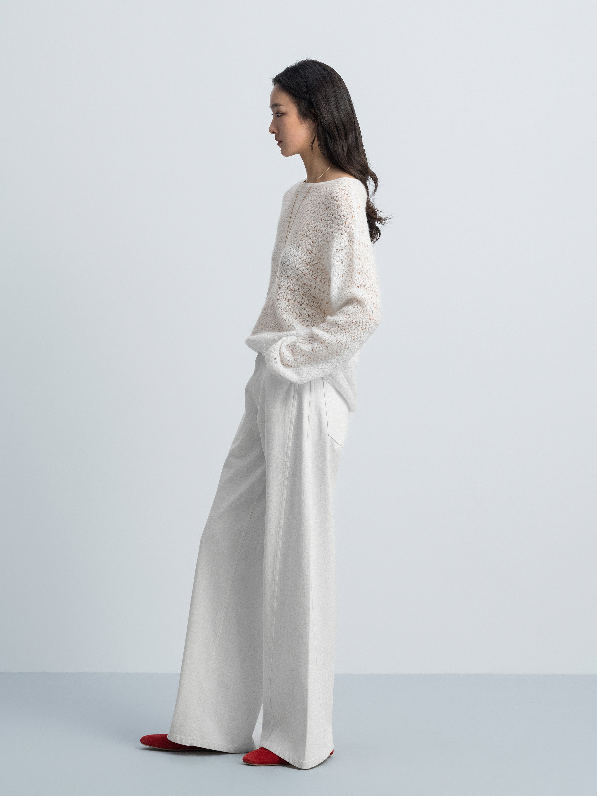 Off White Alpaca Wool Tencel Openwork Knit Pullover