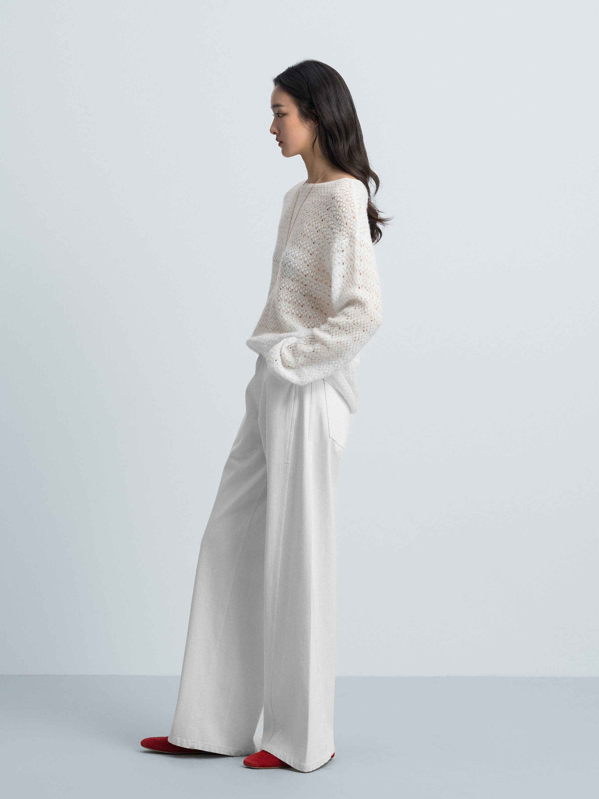 Off White Alpaca Wool Tencel Openwork Knit Pullover