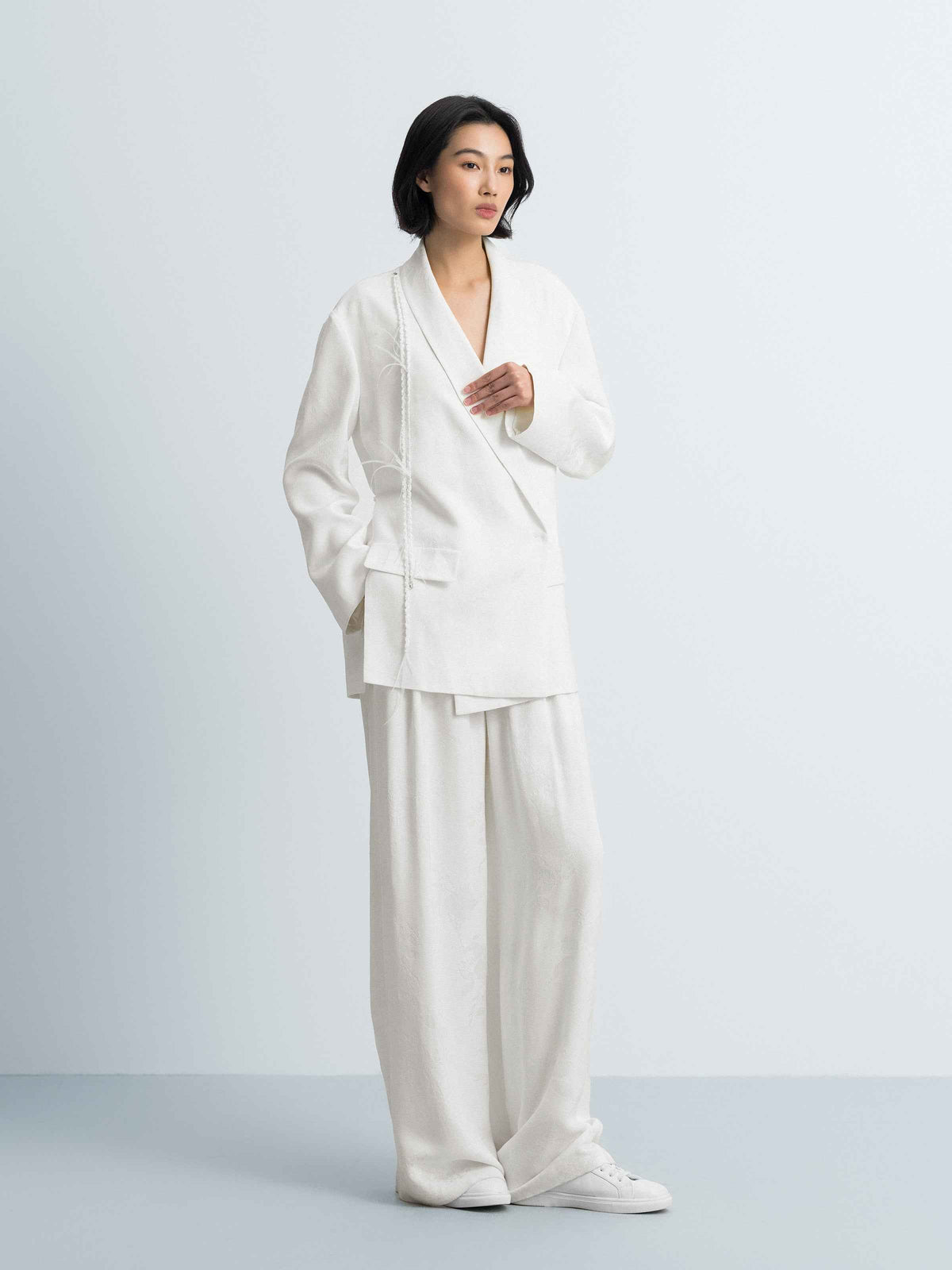 Cream White Rayon Jacquard Shawl Collar Oversized Blazer